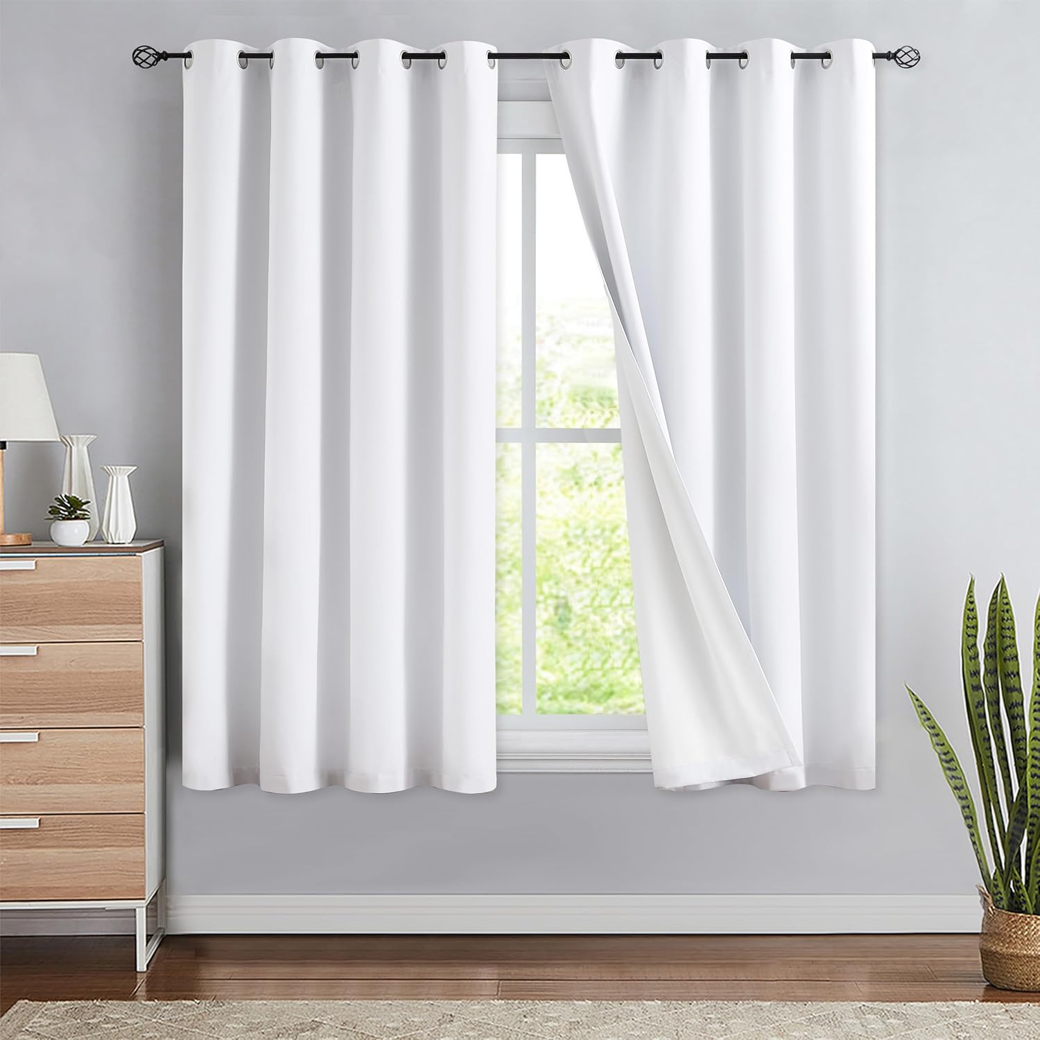 Jubilantex Cortinas opacas texturizadas de lino blanco puro de 63 pulgadas de largo para dormitorio, ventana pequeña, granja, ahorro de energía,
