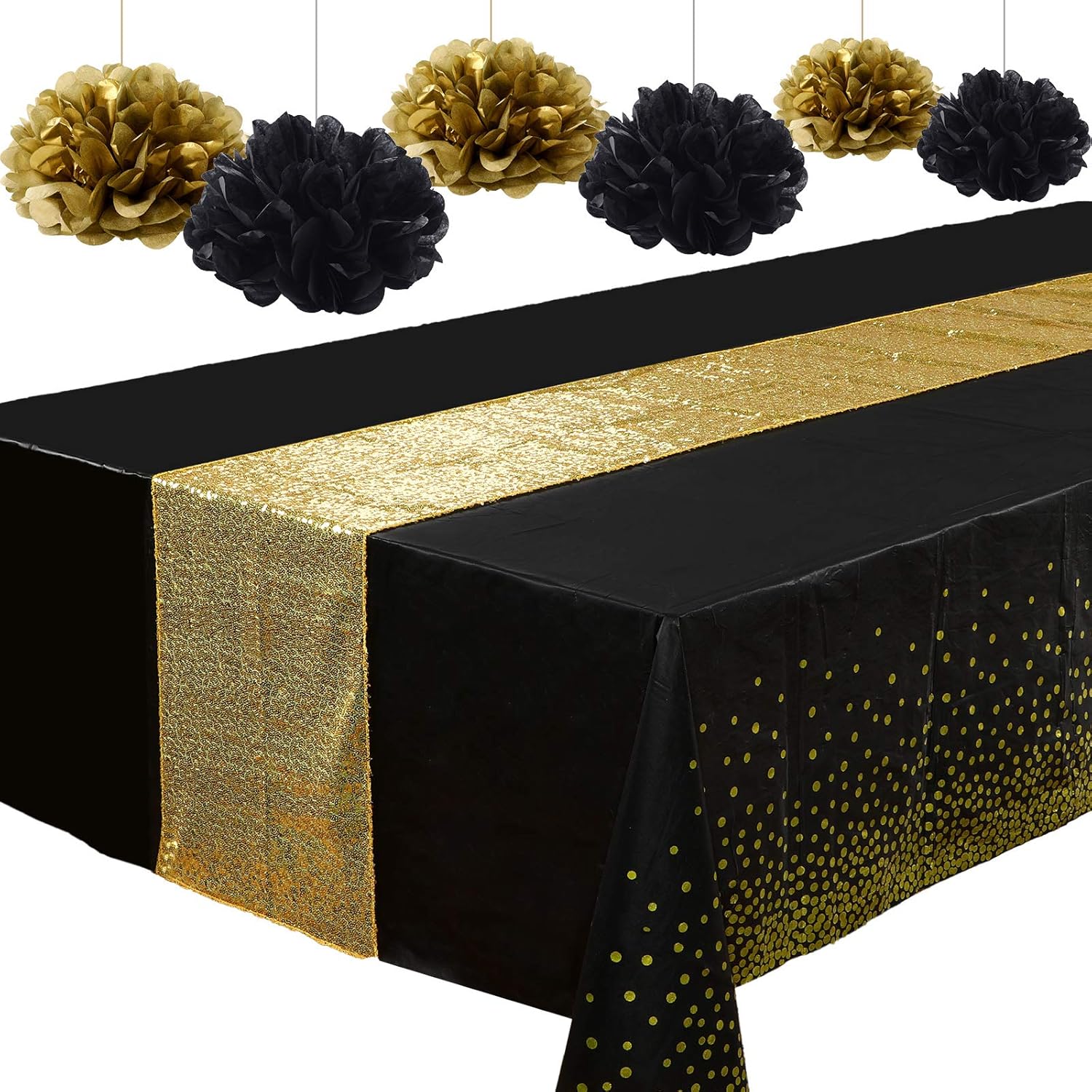 2 manteles de plástico rectangulares de lentejuelas para graduación y 6 pompones para cumpleaños, bodas, aniversarios, fiestas, decoración de mesa