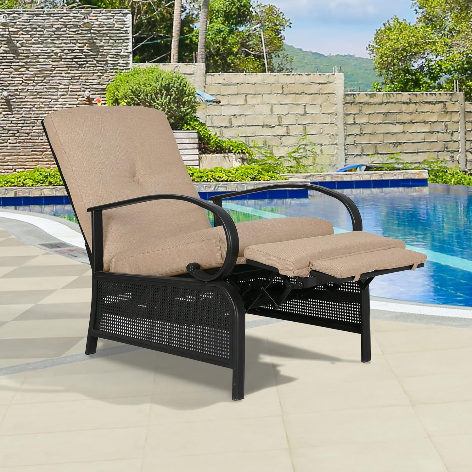 Sillón reclinable ajustable para exteriores, silla reclinable para patio con fuerte marco de metal extensible y cojines extraíbles para lectura o