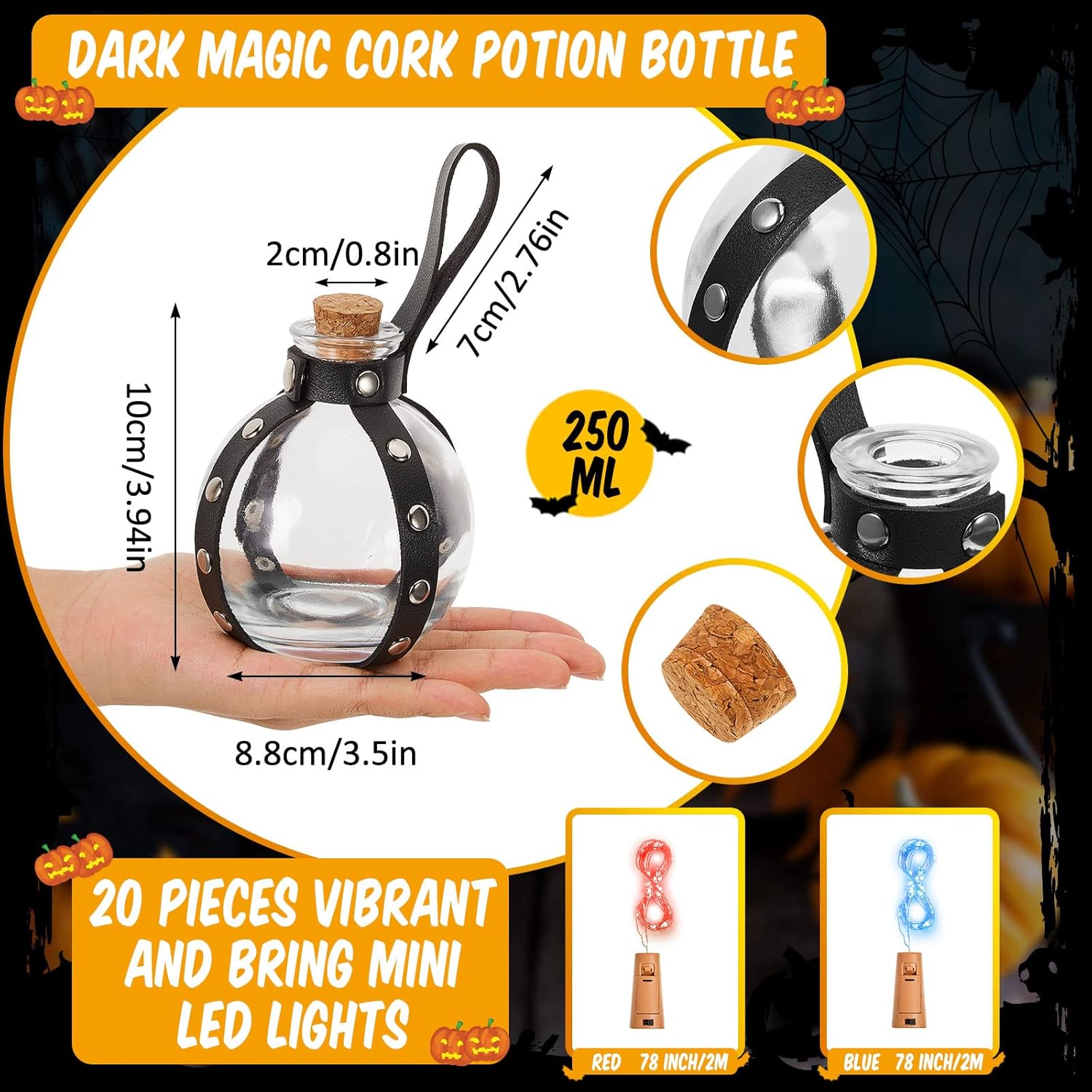 2 botellas de poción de corcho para cosplay, accesorios de mago, pociones de cristal con cinturón de piel sintética, accesorios de bruja, botella de