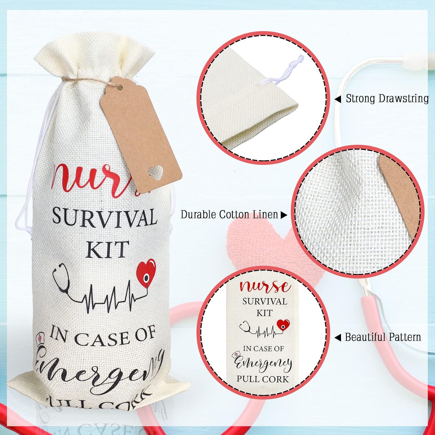 Whaline Bolsas de regalo de vino con cordón de arpillera, bolsas de envoltura de vino, kit de supervivencia para enfermeras, bolsa de vino con