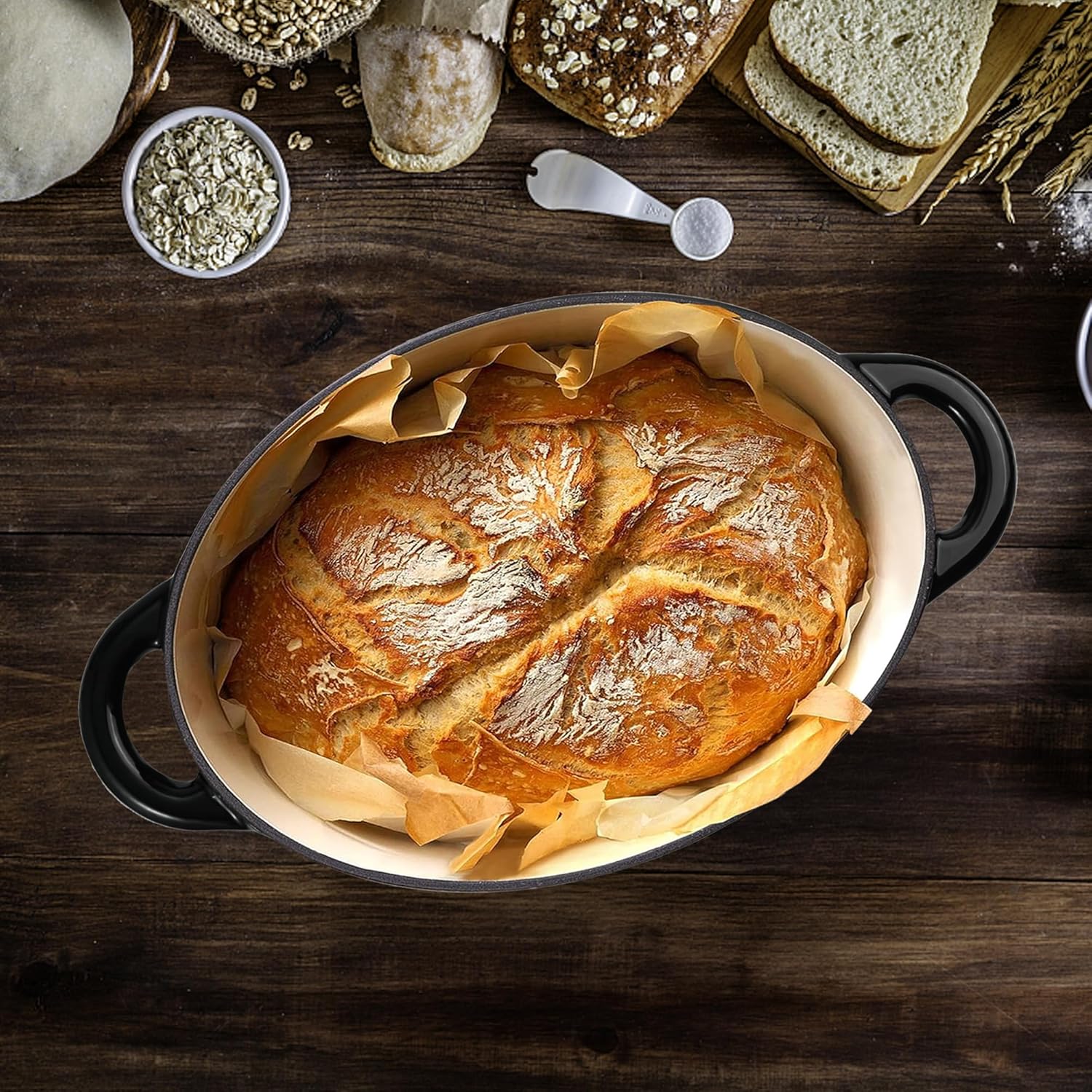 Olla de horno holandés ovalada esmaltada de 4.5 cuartos de galón con tapa y asas dobles, horno holandés de hierro fundido para cocinar, hornear pan,