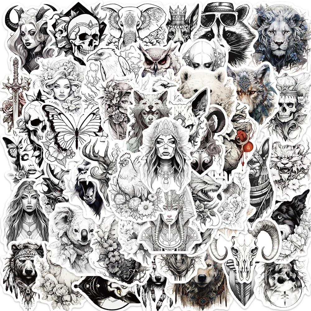 50 calcomanías en blanco y negro para botella de agua, calcomanías impermeables de animales de anime para laptop, hidrofrascos, monopatín, maleta,