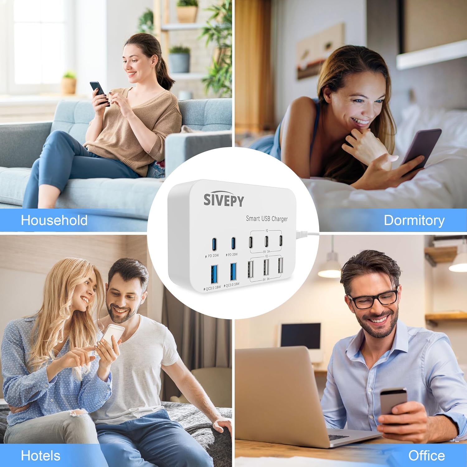 PD20W – Estación de carga USB C, cargador USB C de escritorio 106 W 10 en 1, protector de sobretensiones (4200J), adaptador de alimentación de carga