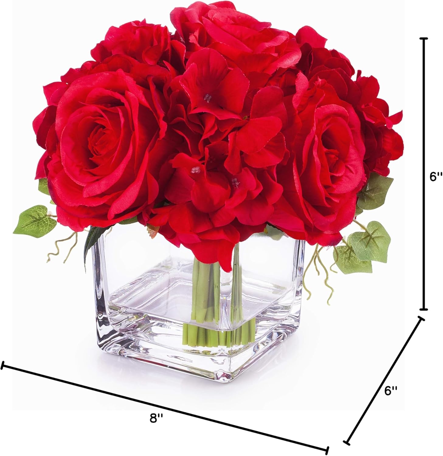 ENOVA HOME Arreglos de flores artificiales de hortensias de seda en jarrón de cristal para decoración del hogar y boda (rojo)
