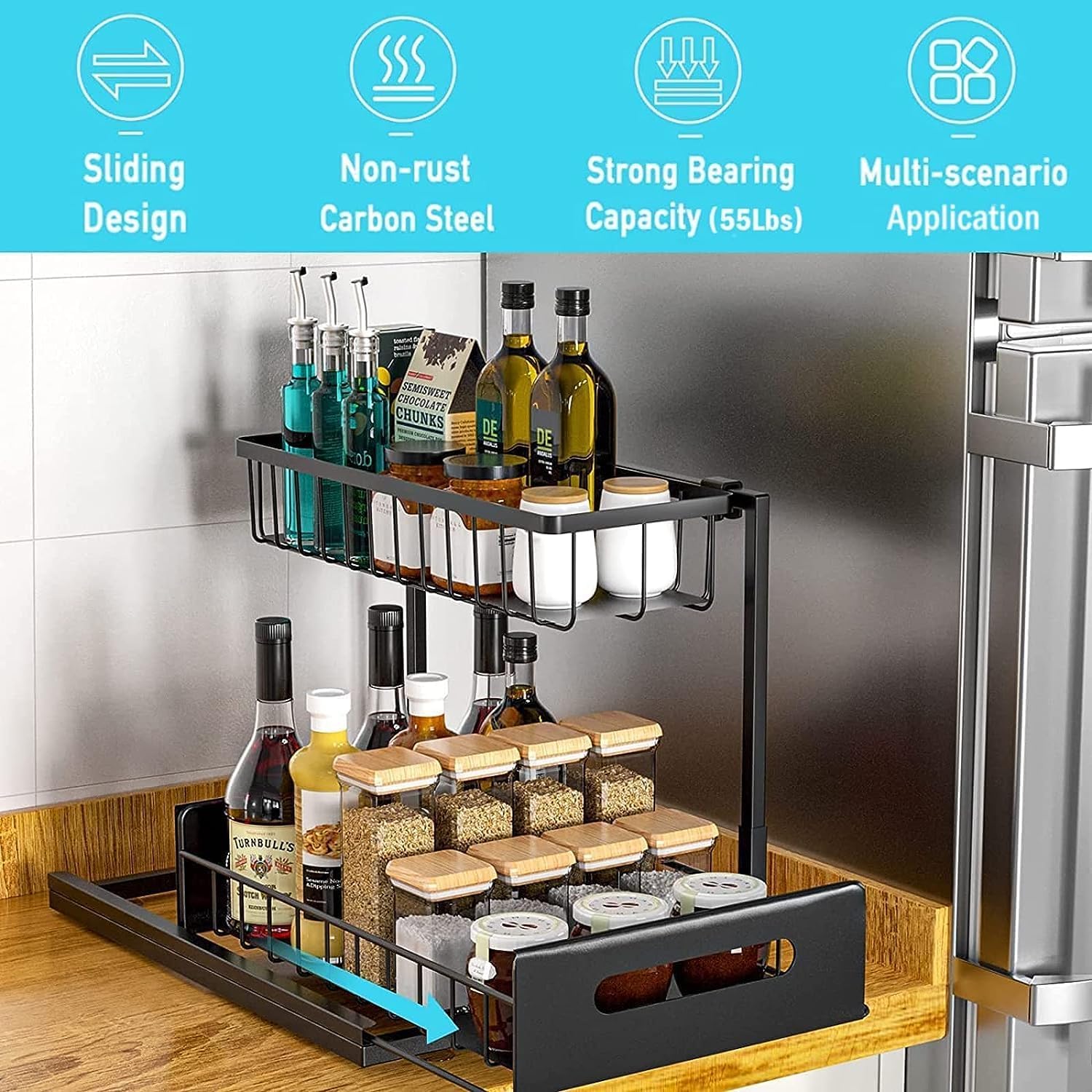 Organizador de 2 piezas en forma de L para debajo del fregadero con diseño deslizante, estante extraíble de 2 niveles, organizador para debajo del