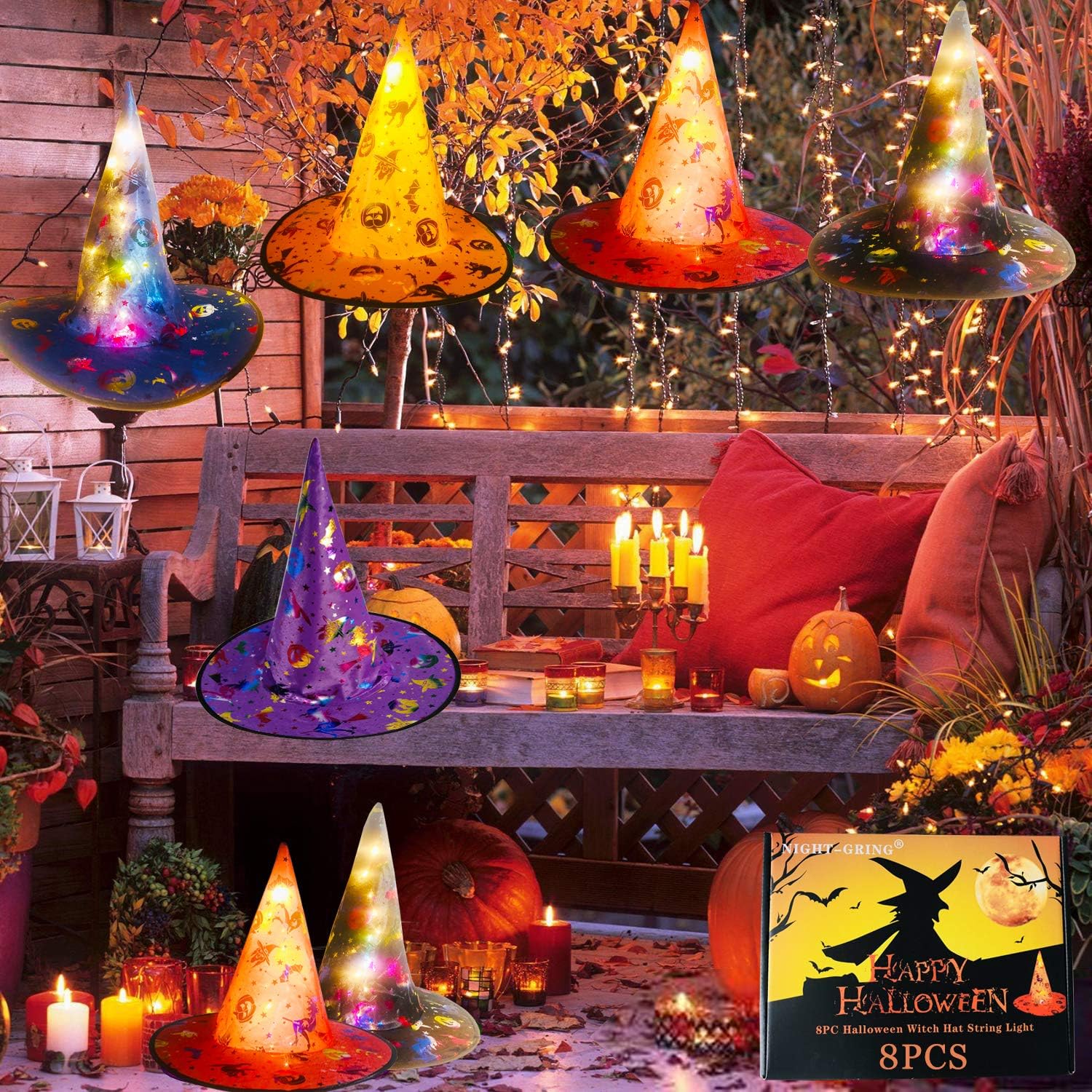 Decoraciones de Halloween sombreros de bruja con luz LED, 8 sombreros de bruja colgantes brillantes LED de Halloween al aire libre, guirnalda de