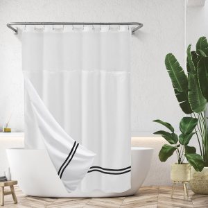 River Dream Cortina de ducha blanca con forro a presión, con rayas negras satinadas, ventana transparente, con imanes, con ganchos incluidos, 71 River Dream Cortina de ducha blanca con forro a presión, con rayas negras satinadas, ventana transparente, con imanes, con ganchos incluidos, 71