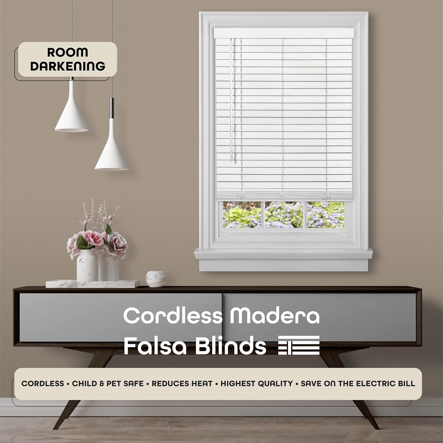PowerSellerUSA Achim GII – Persiana de imitación madera sin cordones para oscurecer la habitación.