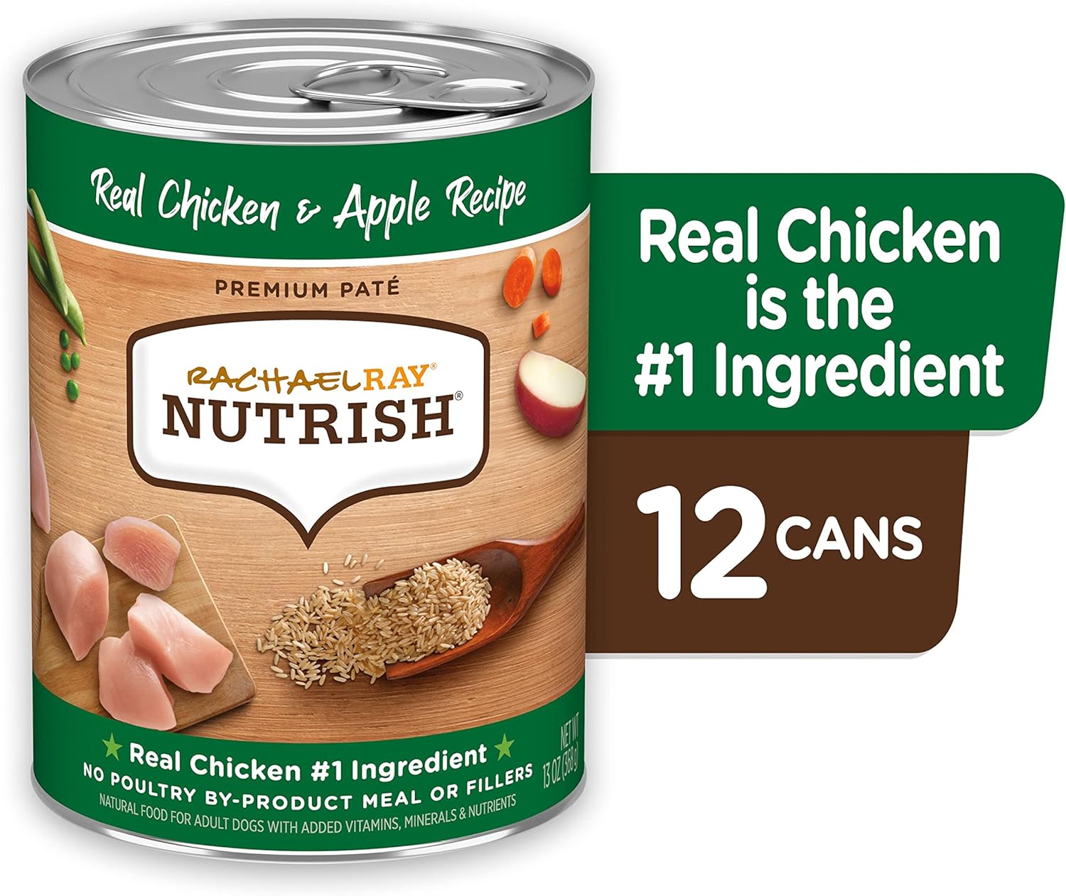 Rachael Ray Nutrish Premium Pate – Alimento húmedo para perros, pollo y manzana, lata de 13 onzas (paquete de 12)