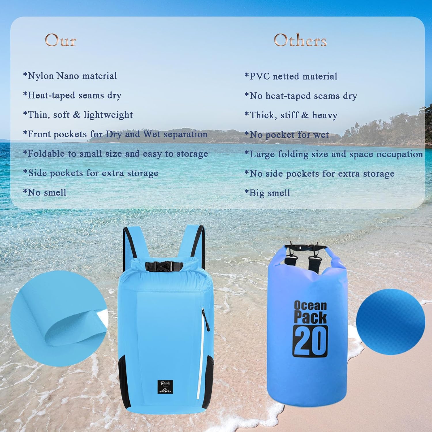 Mochila impermeable a prueba de arena de 20 litros, bolsa seca ligera e impermeable, saco seco plegable con funda para teléfono y bolsa de cintura