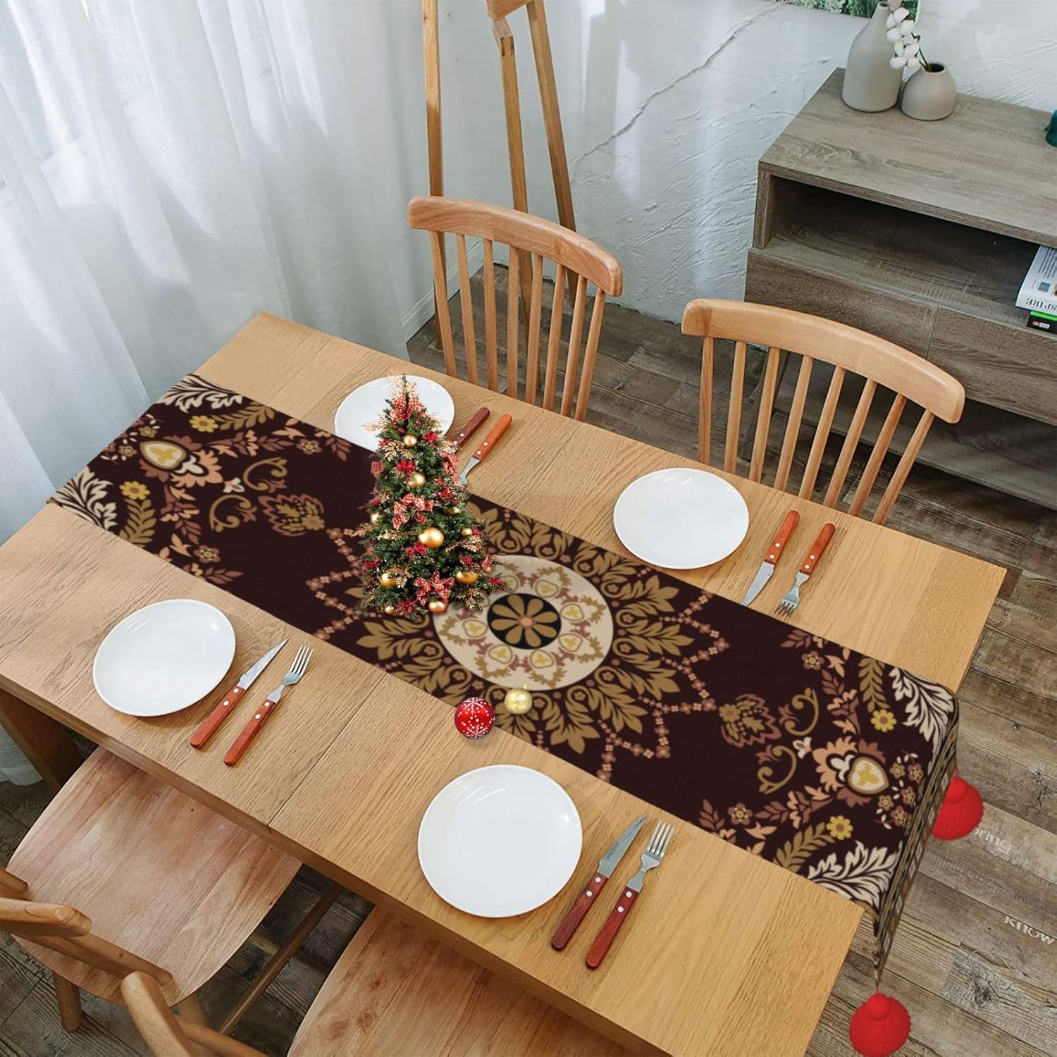 Camino de mesa de Navidad con mandala retro, decoración de mesa de comedor, decoración de Navidad, decoración de interiores del hogar, caminos de