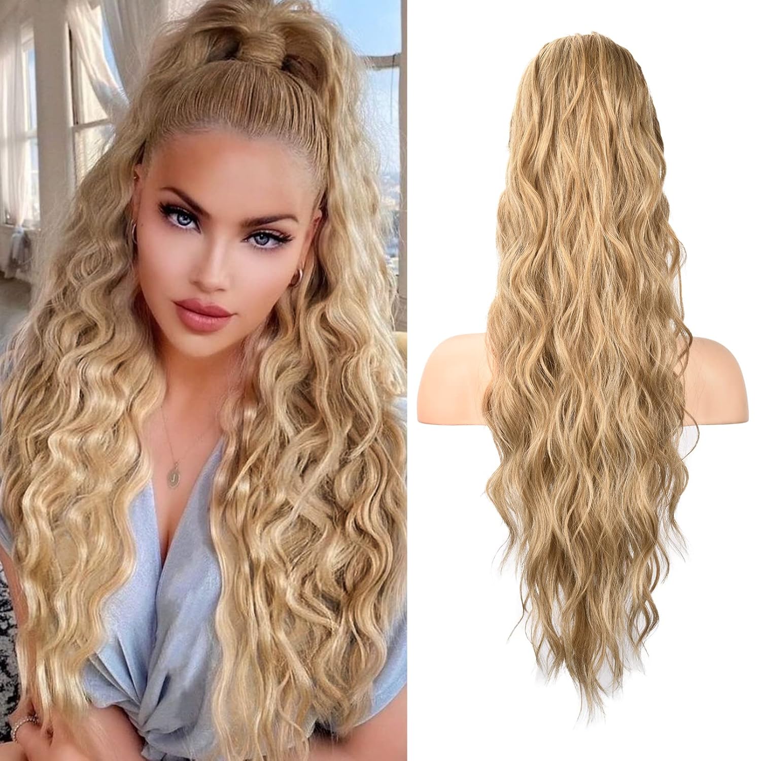HOOJIH Extensión de cola de caballo, extensiones de cabello con cordón, 26 pulgadas de largo, rizado, ondulado, sintético, postizo natural para
