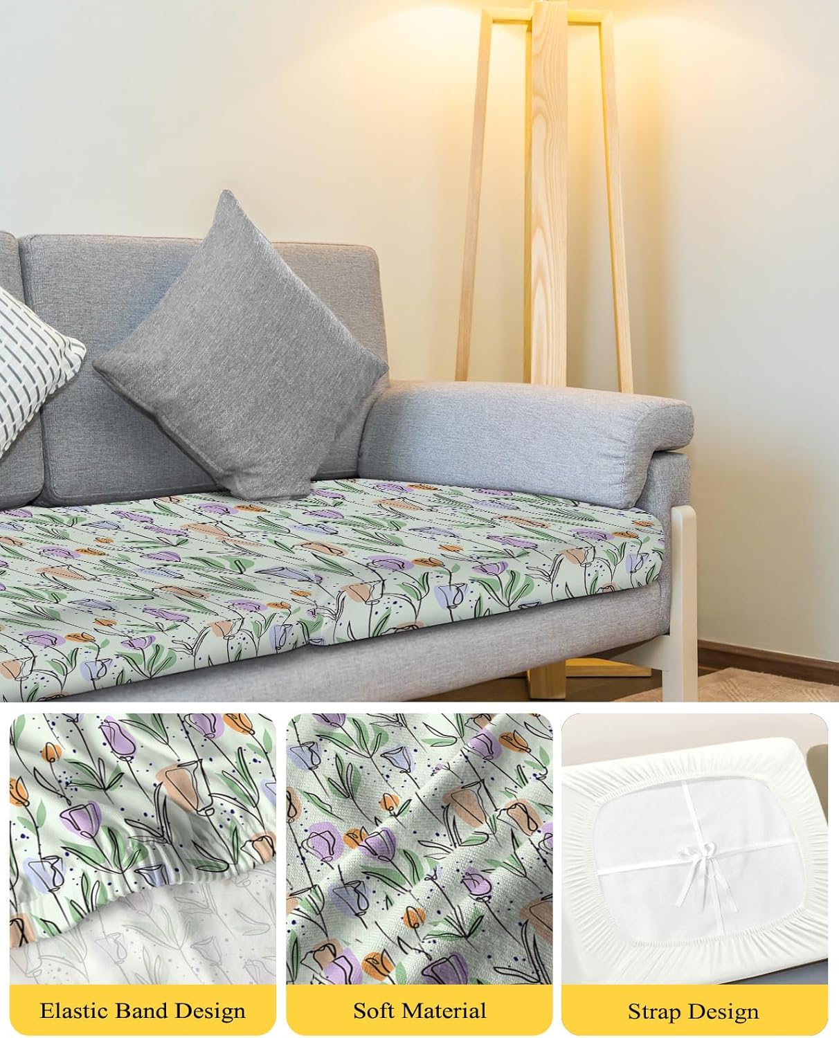 Prime Leader Fundas de cojín para sofá, fundas elásticas para sofá, diseño de primavera pintadas a mano con flores simples y tulipanes, fundas
