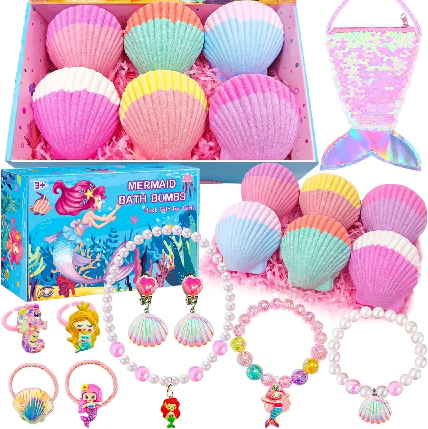Bombas de baño de sirena para niñas y niños con sorpresa en el interior, 6+10 piezas, regalos de sirena para niñas, juguetes de 4, 5, 6, 7, 8 años,