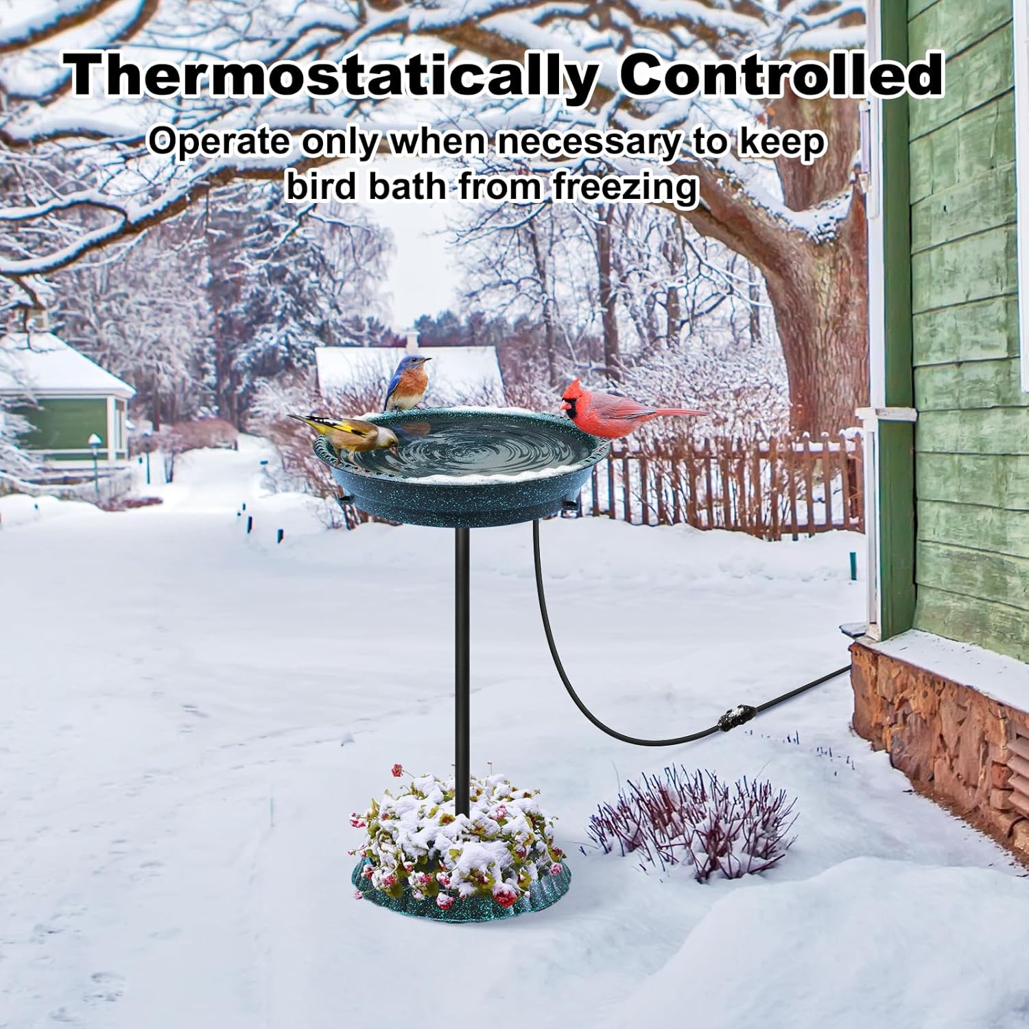 Bañera para pájaros climatizada, 75 W, control termostático, ligera, pedestal con estaca de metal, baños para pájaros calentados para exteriores,