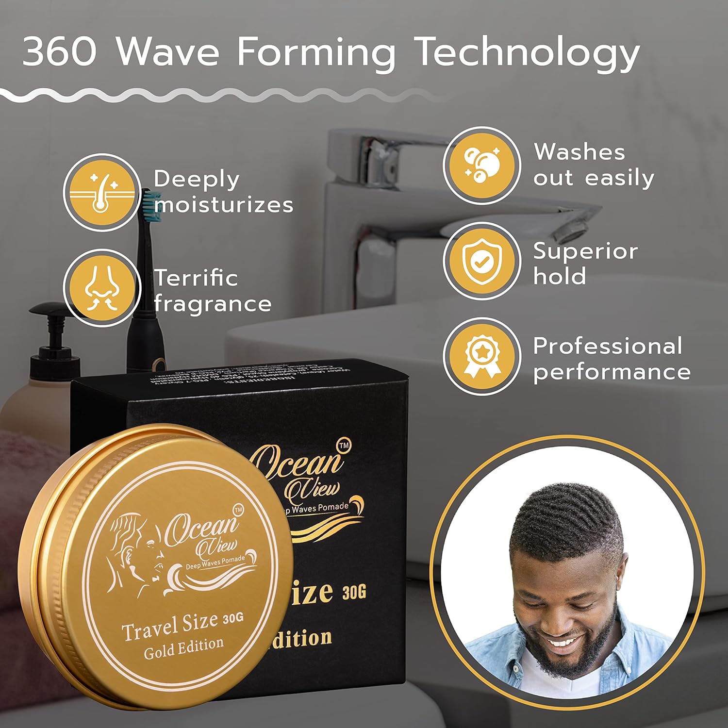 OCEAN VIEW DEEP WAVES POMADE, Pomadas constructoras de ondas a base de agua, grasa de 360 ondas para hombres hidrata, controla y estiliza el cabello