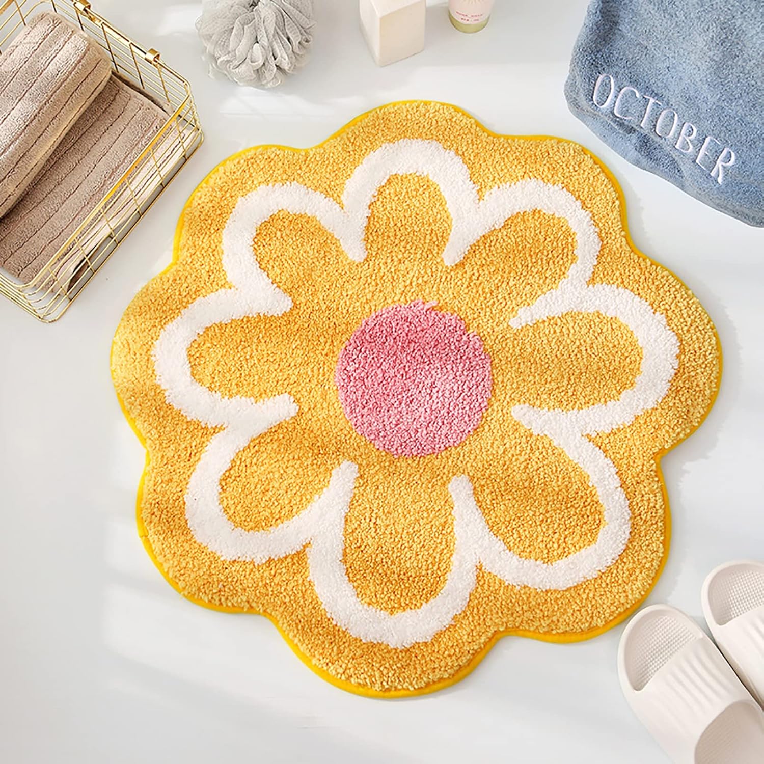 ASkinds Alfombra floral hecha a mano de 24 x 24 pulgadas, con forma de flor, lavable, antideslizante, alfombra de suelo para dormitorio, sala de