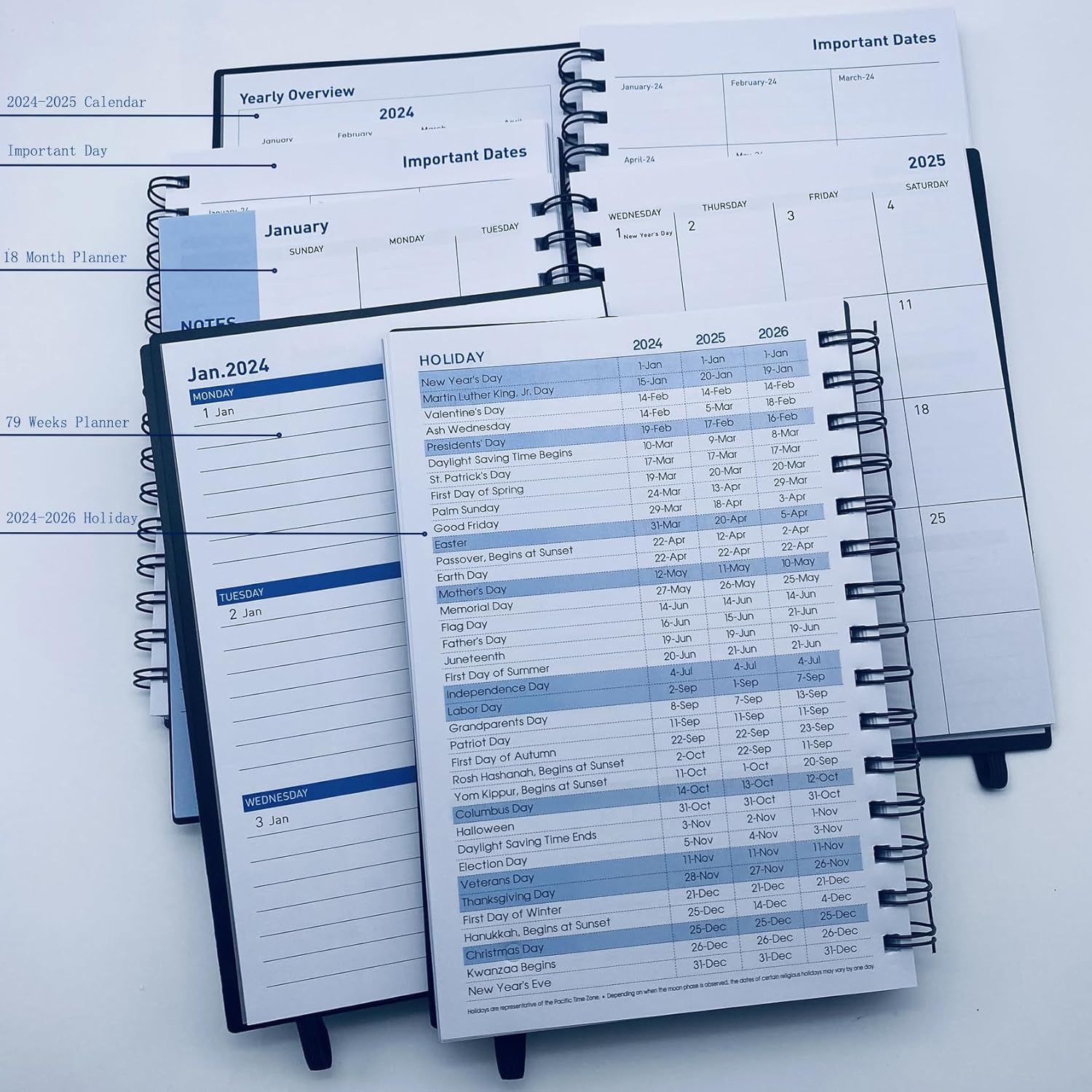 Agenda 2024-2025, agenda semanal y mensual 2024-2025, agenda mensual de 18 meses de enero de 2024 a junio de 2025, papel grueso, 5.5 x 8.2 pulgadas,