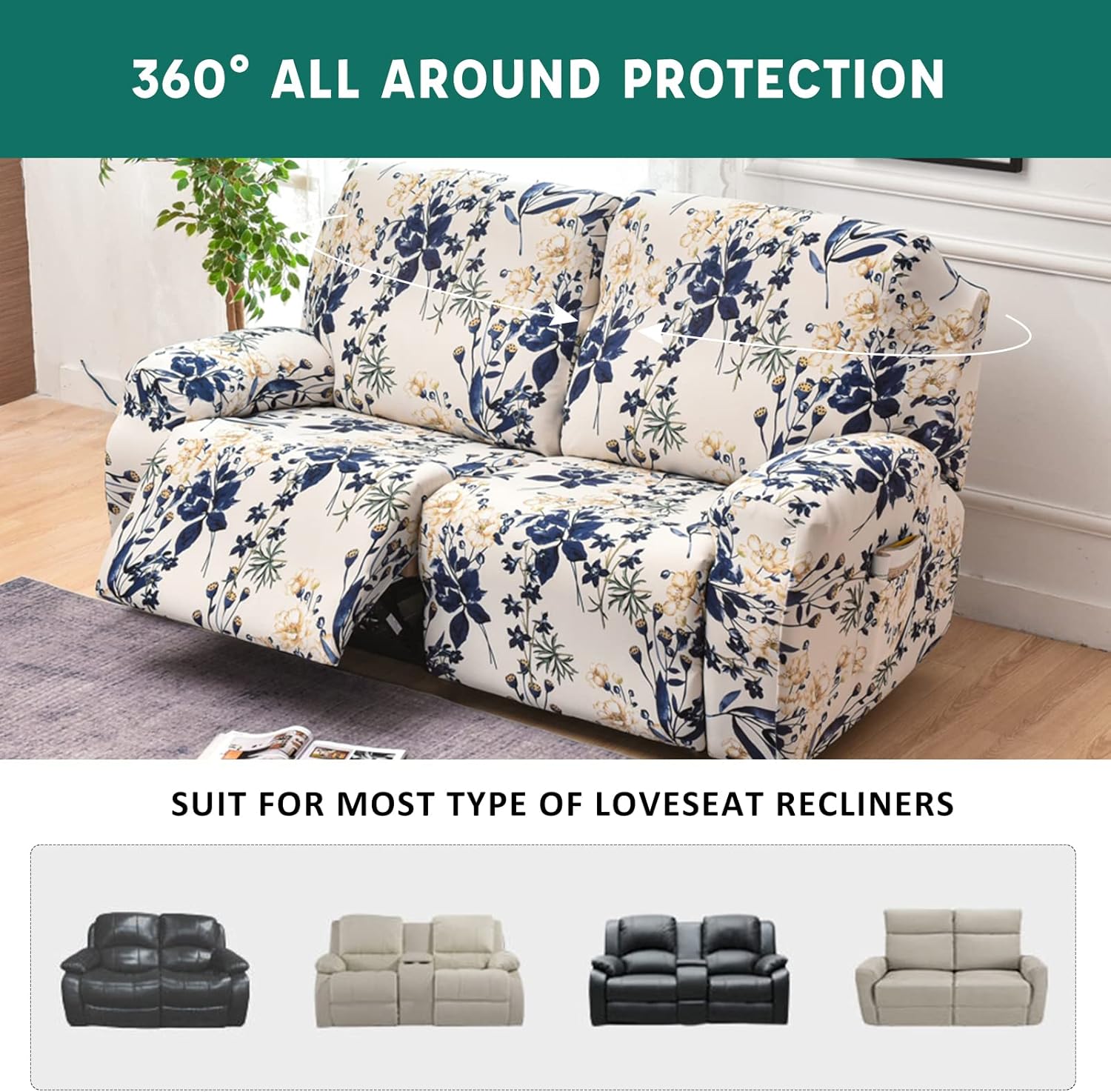 NILUOH Fundas para sofá biplaza reclinable, 6 piezas, fundas elásticas para sofá reclinable de 2 asientos, protector de muebles con parte inferior