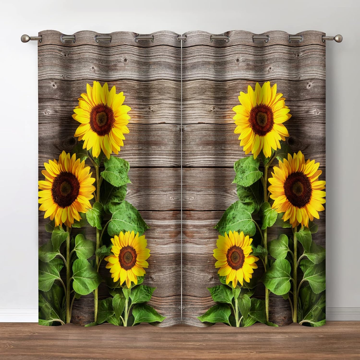 Jekeno Cortinas opacas de girasol, cortina de madera rústica floral de campo, decoración temática de madera de granero para dormitorio, sala de
