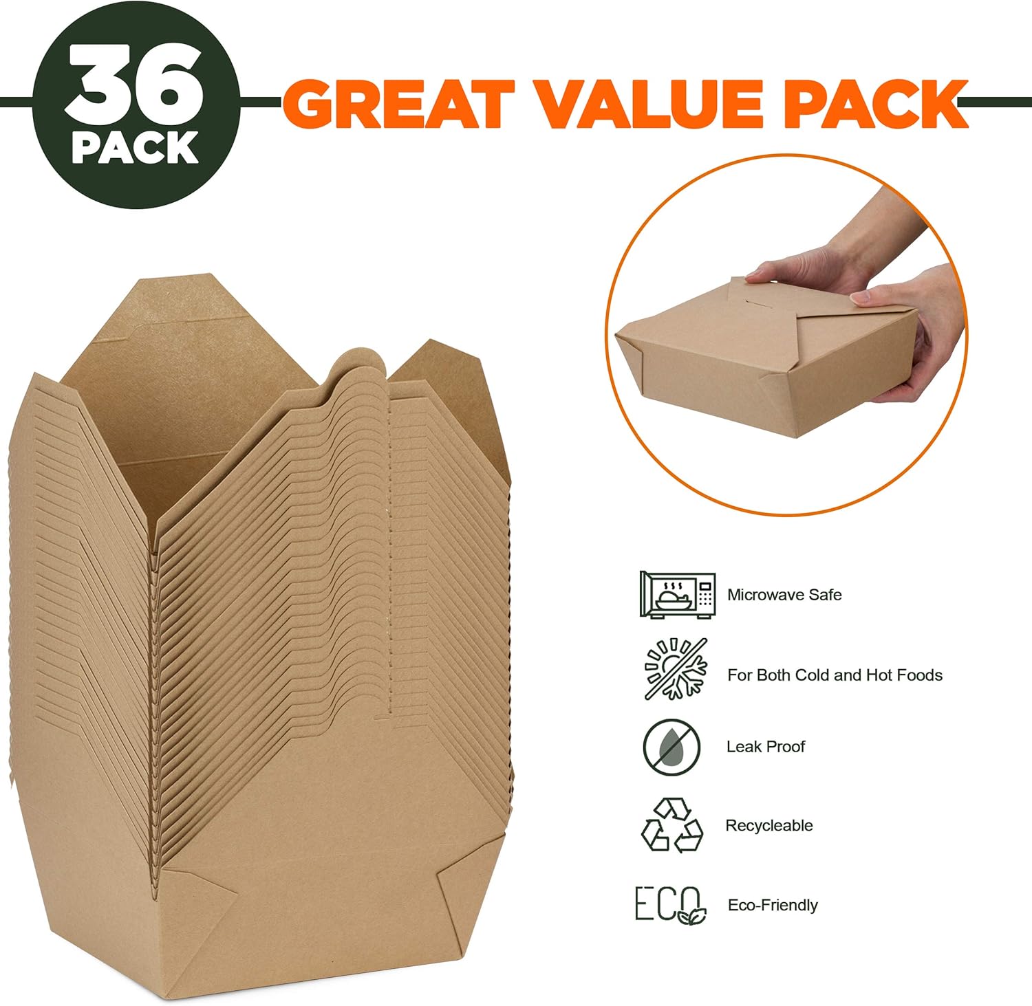 Fit Meal Prep Paquete de 36 recipientes desechables de 76 onzas para llevar para microondas, cajas de papel kraft para llevar, contenedores de