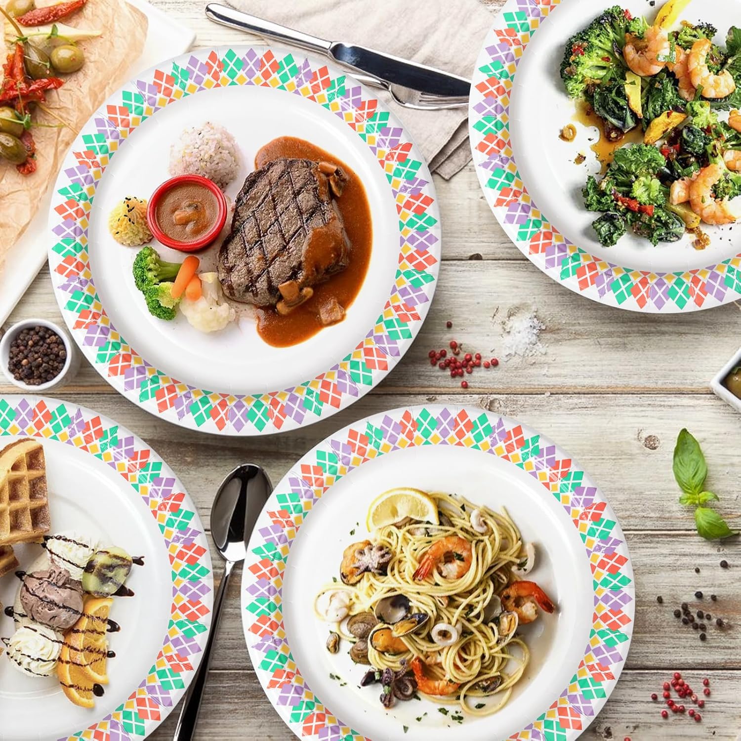 10 inch Paper Plates 100 Count Soak Proof, Cut Proof, Microwave Safe Heavy Duty Printed Disposable Plate for Everyday Use