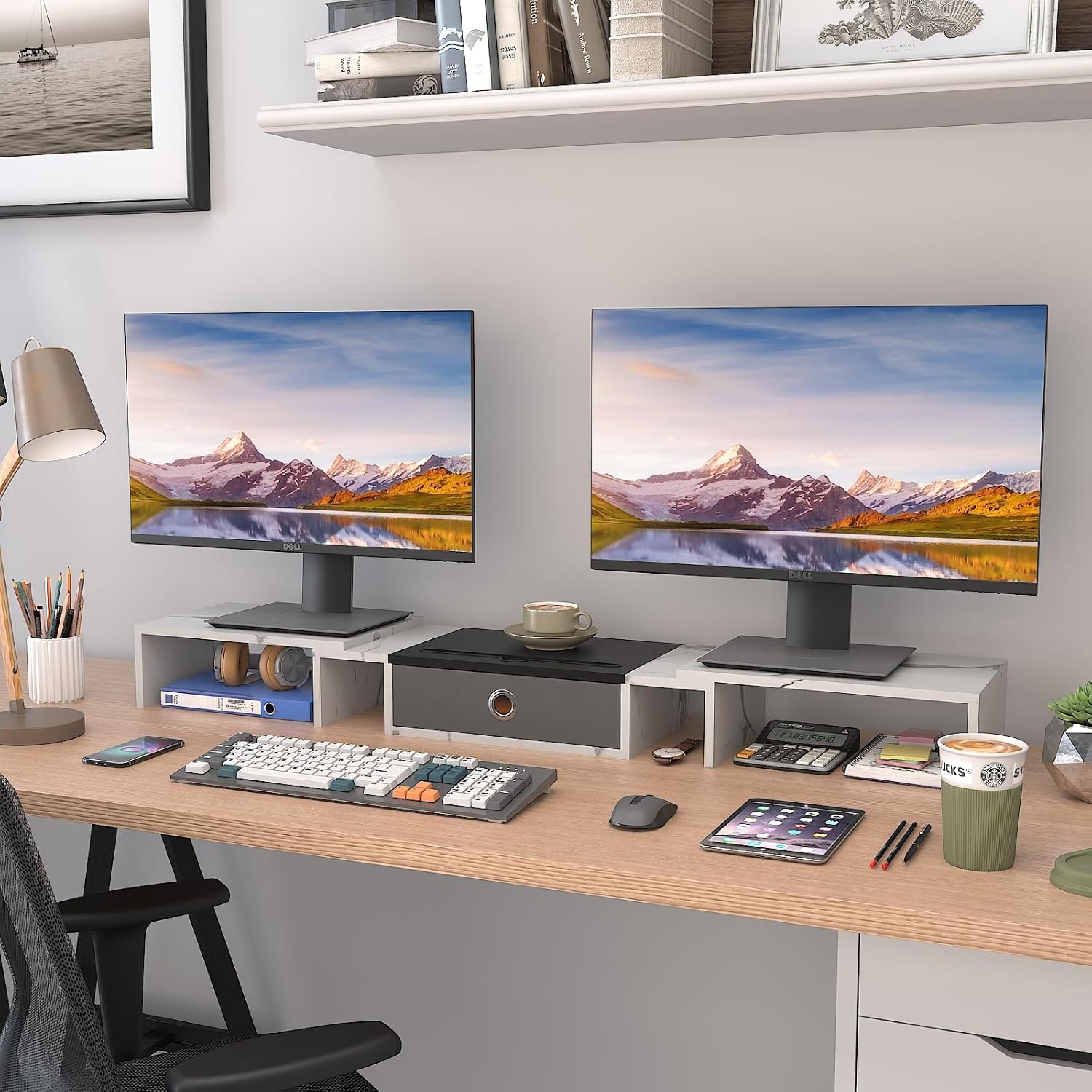 WESTREE Soporte elevador triple para monitor doble con cajón, extra grande ajustable para 2  3 monitores, solt para teléfono y tableta, soporte