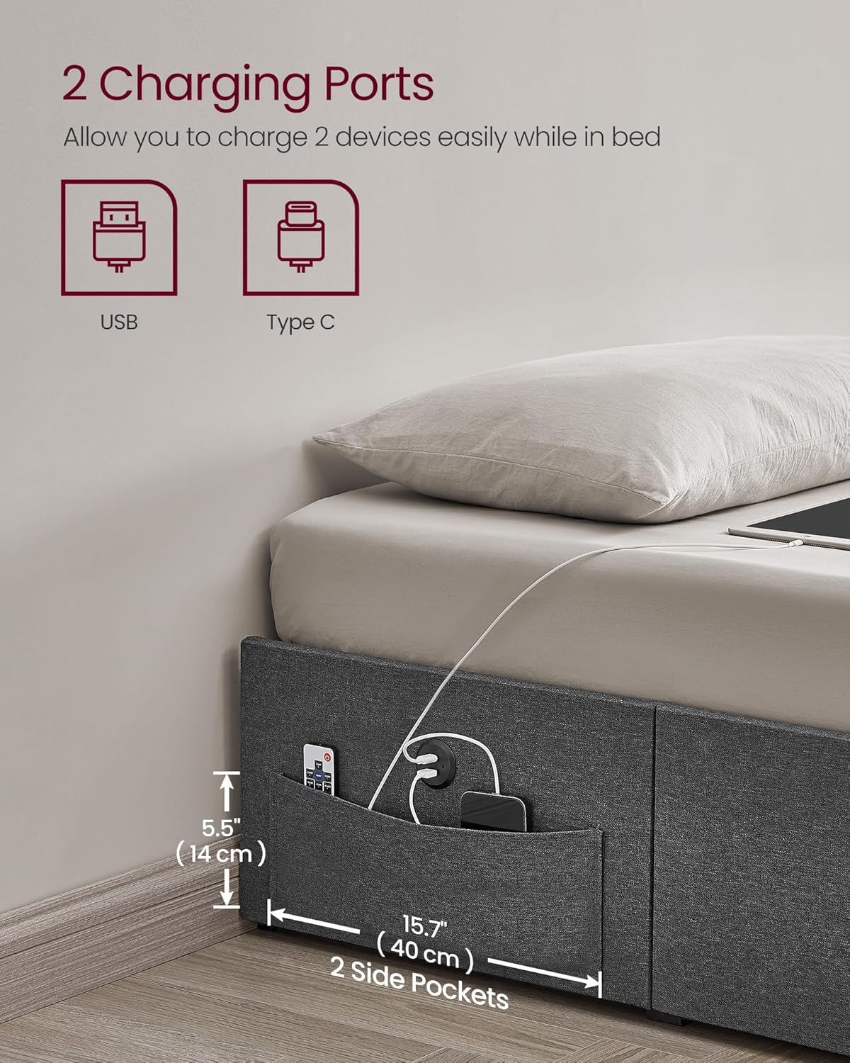 VASAGLE Base de cama LED tamaño Queen con 4 cajones y estación de carga, marco de cama Queen con 1 puerto USB y 1 puerto tipo C, listones de acero,