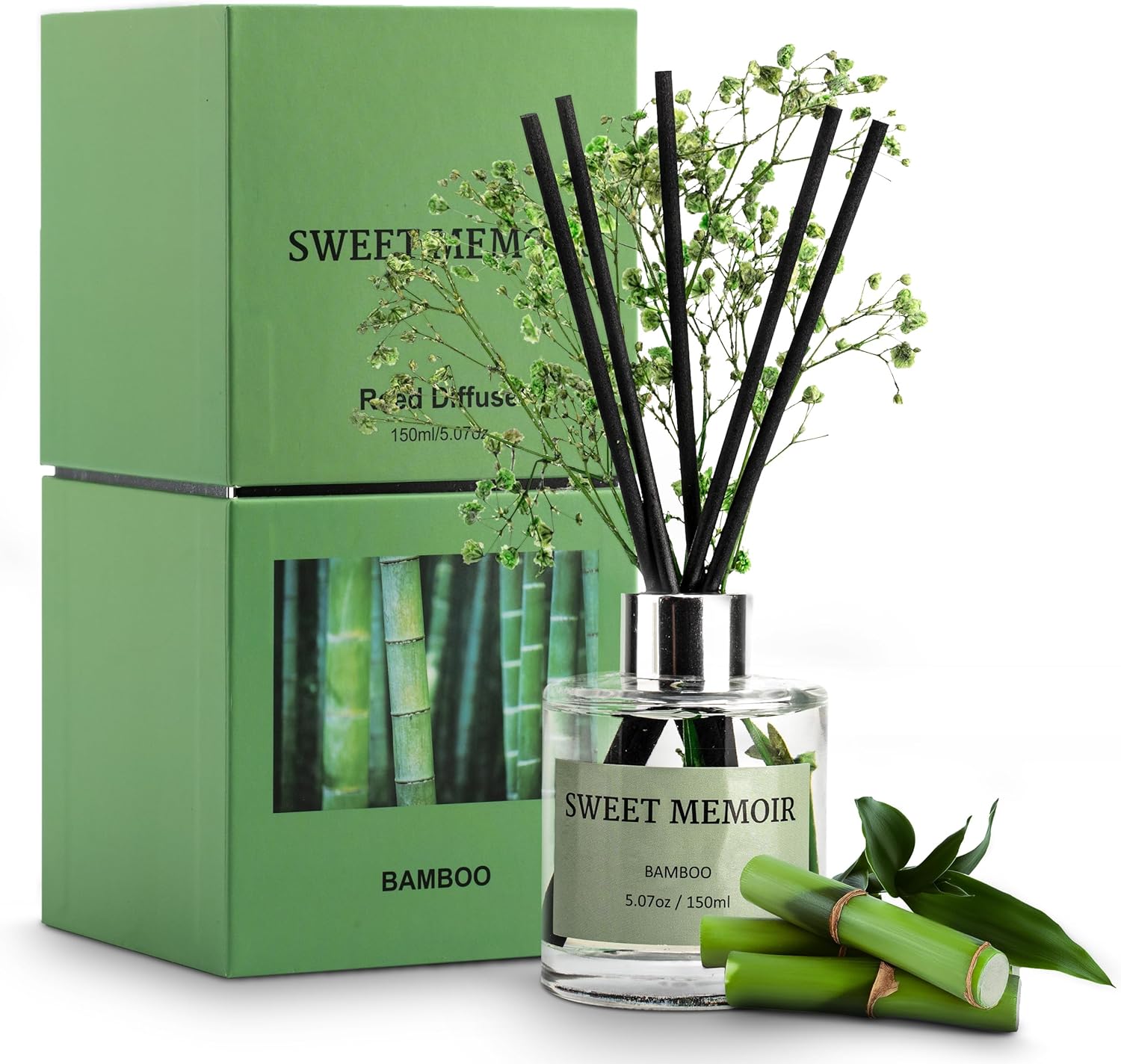 Juego de difusor de varillas de aceite esencial, varillas difusoras de fragancia de bambú con botella decorativa de 5.1 fl oz y flores preservadas,