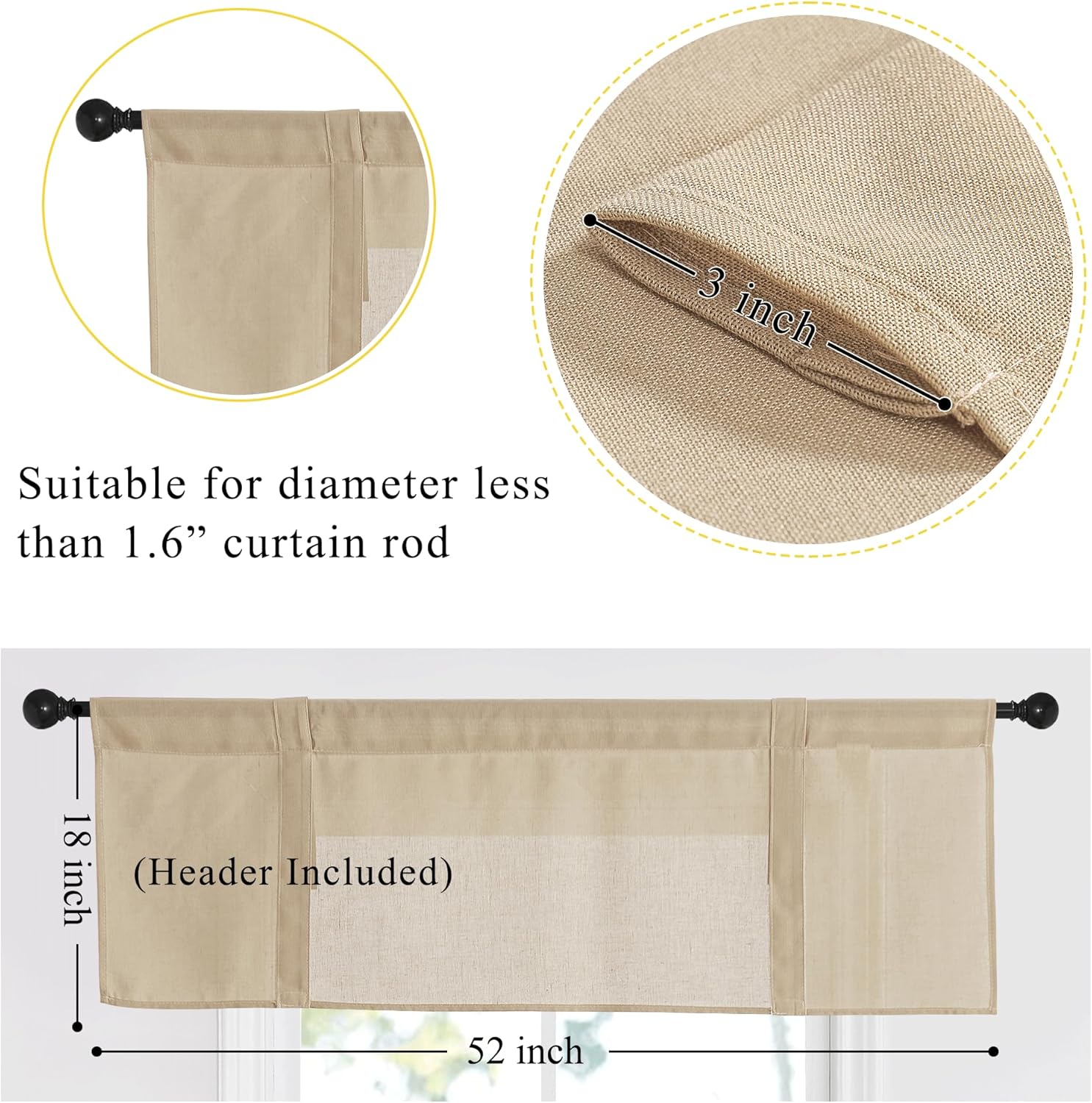 NICETOWN Cenefa de lino para ventanas de cocina, baño, sala de estar, dormitorio, cenefa opaca con aislamiento térmico y bolsillo para barra,