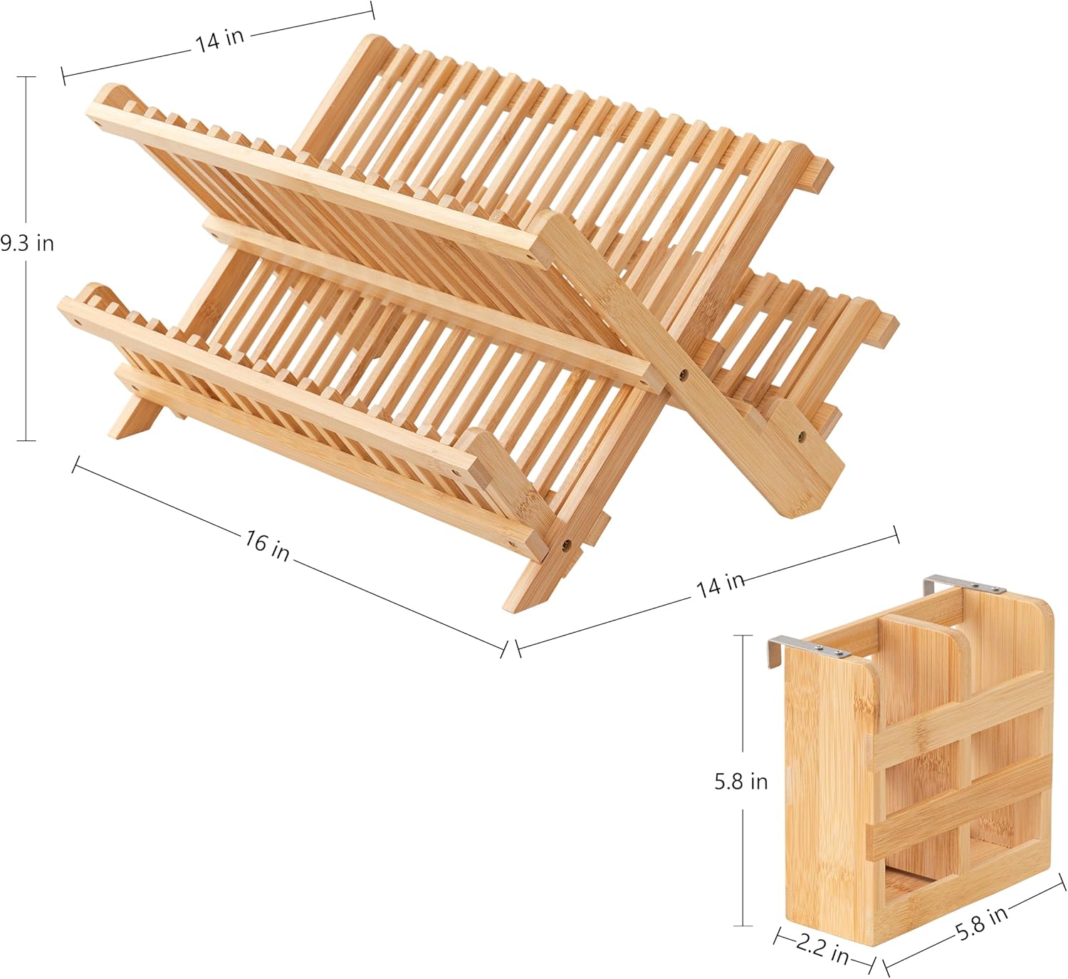HBlife Escurridor de platos de bambú con soporte para cubiertos de utensilios, soporte de secado plegable grande de 3 niveles para encimera de