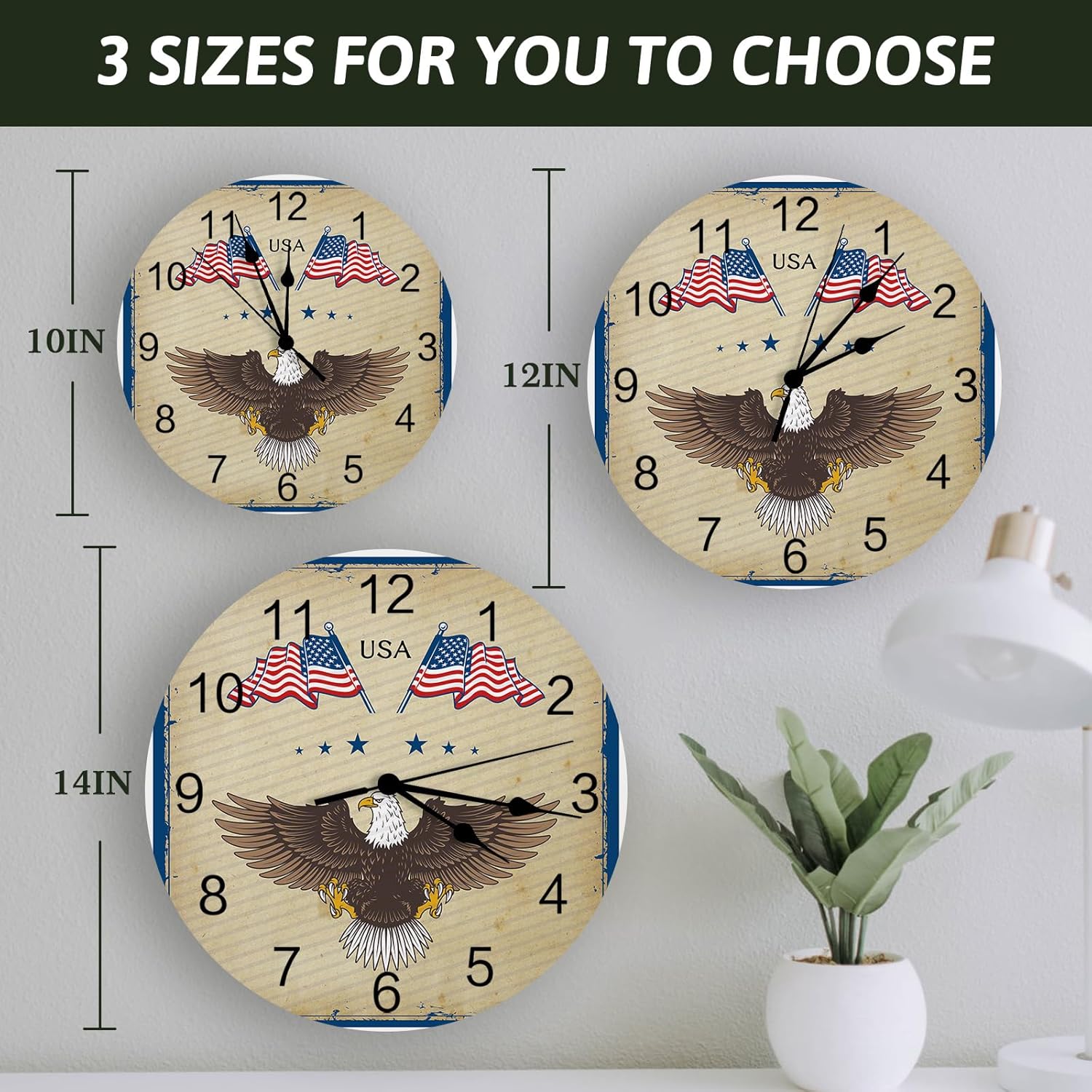 Reloj de pared silencioso sin tictac para cocina del hogar, Día de la Independencia, bandera estadounidense, águila, patriótico, reloj de pared de