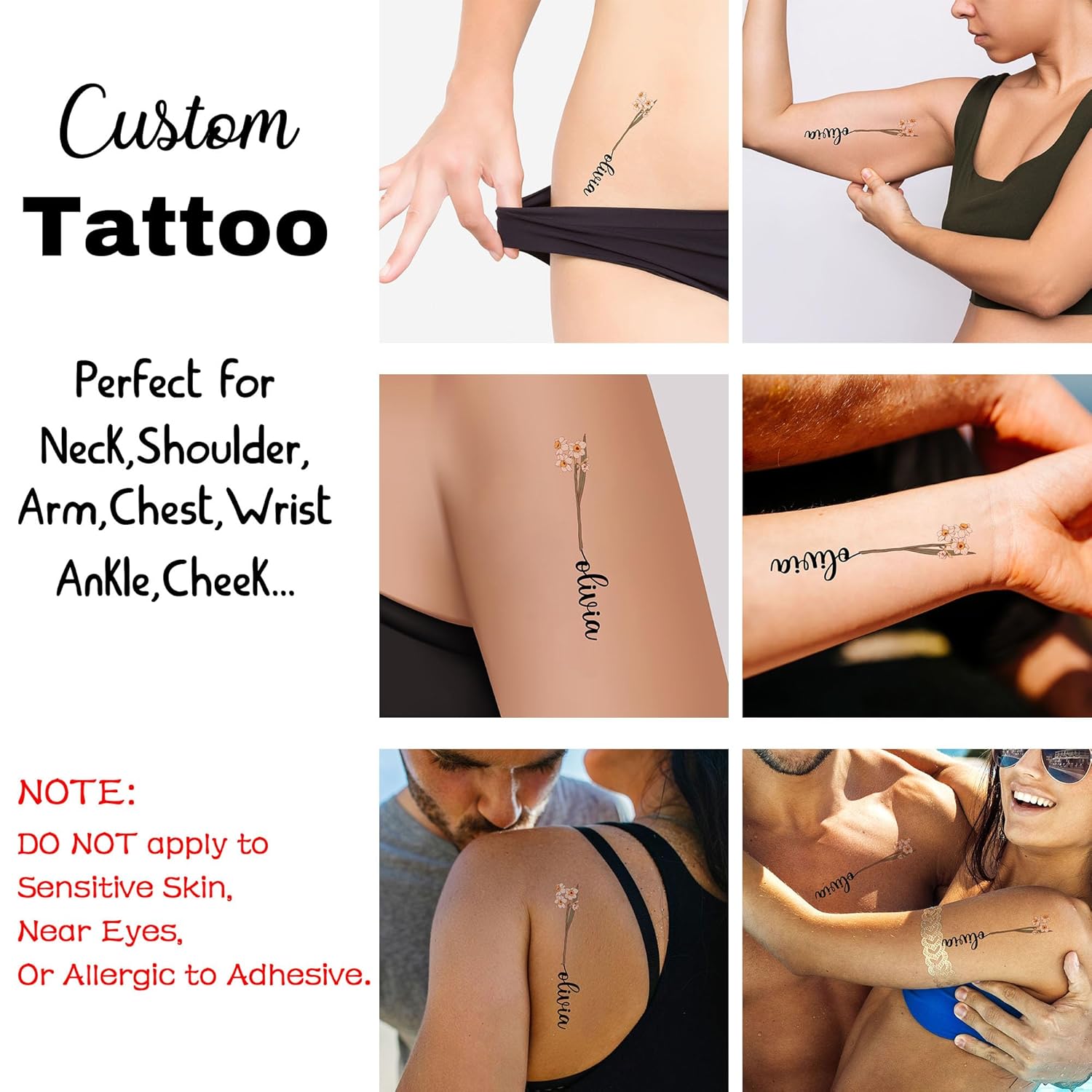 Tatuajes temporales personalizados con flor de cumpleaños, nombre de diciembre, texto, tatuajes fotográficos personalizados para adultos, parejas,