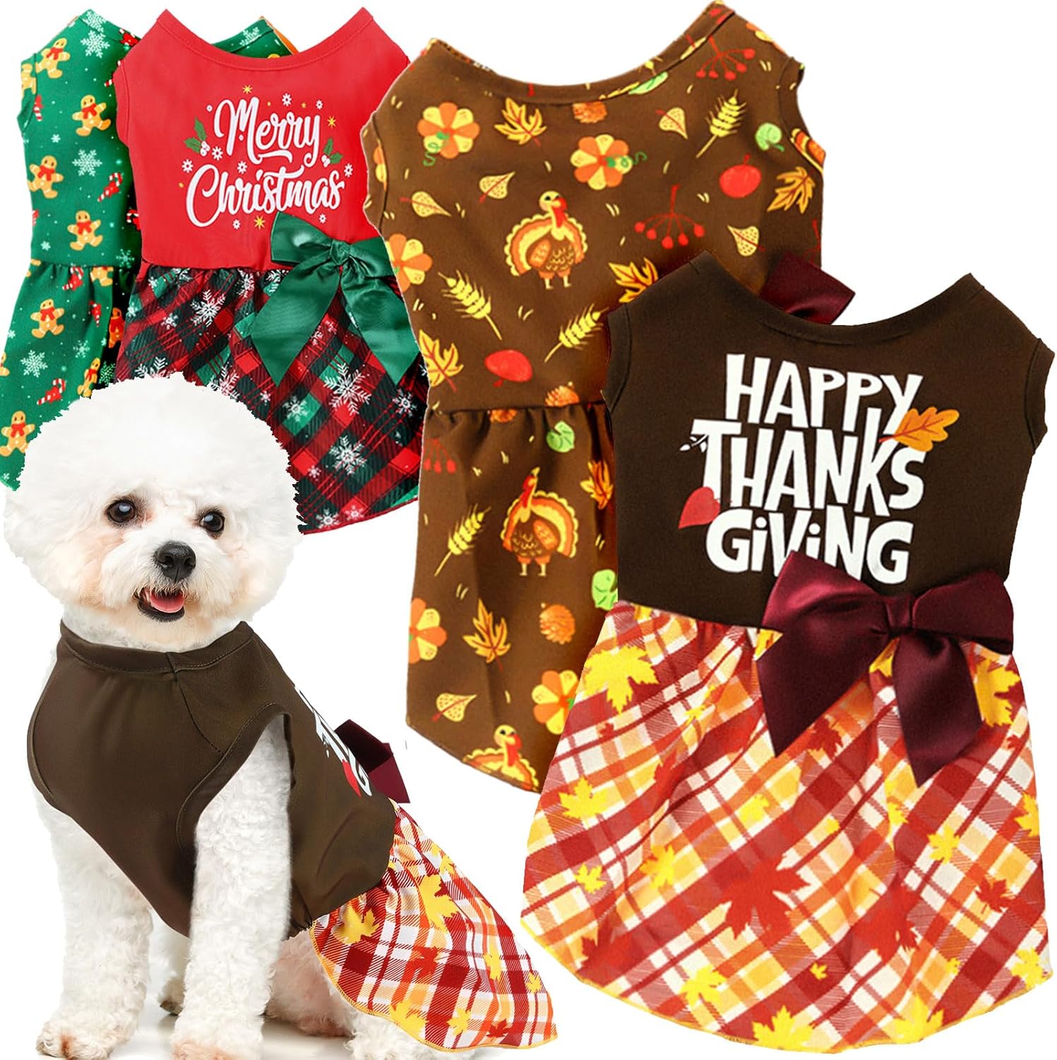 6 piezas de disfraces de Navidad para perro, ropa con nudo de lazo, vestido de perro de copo de nieve, disfraz de perro de Acción de Gracias,