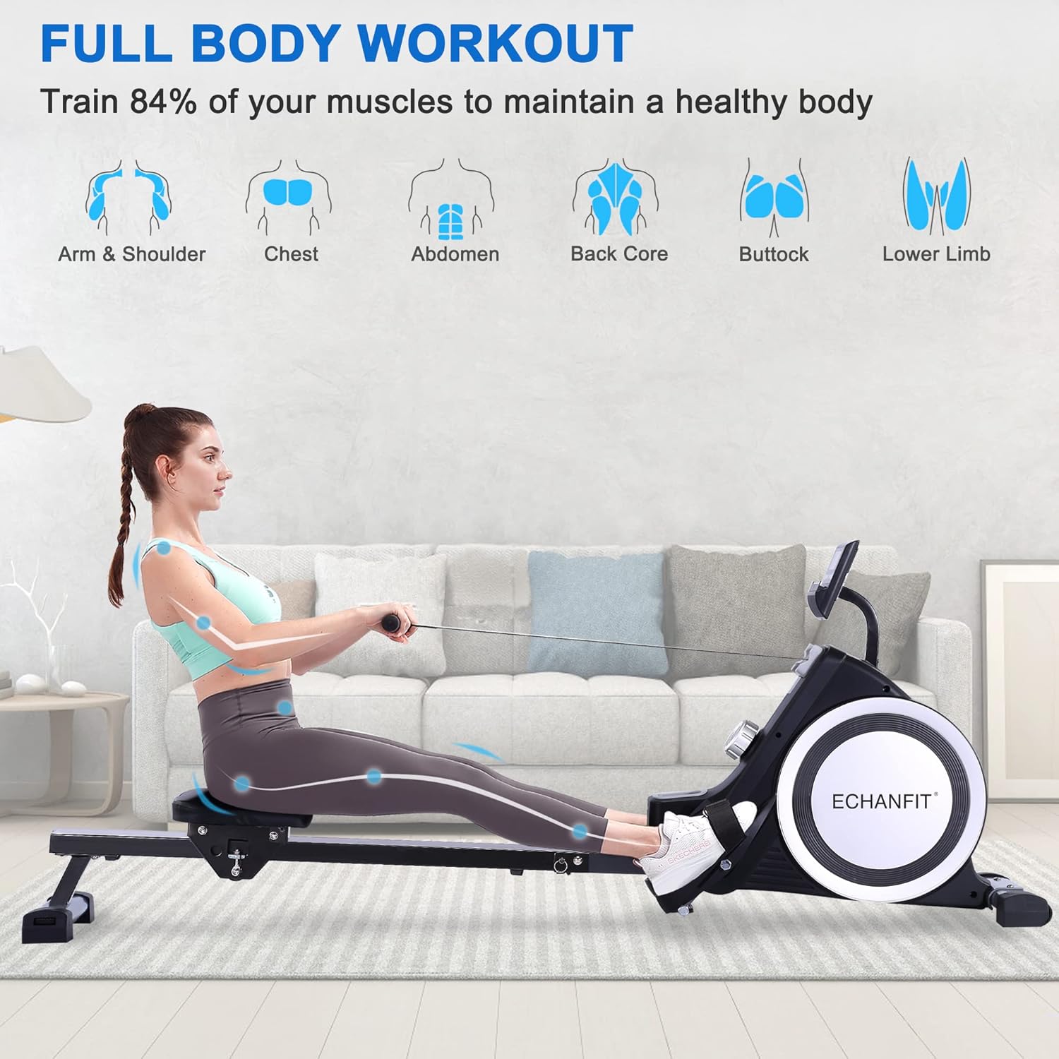 ECHANFIT WaterMagnetic Rowing Machine with Optional 3216 Levels Adjustable Resistance, ElectronicLCD Monitor with Device Holder, 400350 lb Weight - Imagen 10