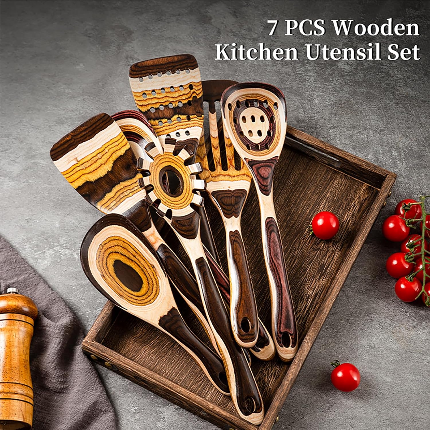 Gudamaye Juego de utensilios de madera de Pakkawood marrón de 7 piezas, resistentes, ecológicos, cuchara de madera para cocinar, utensilio de madera