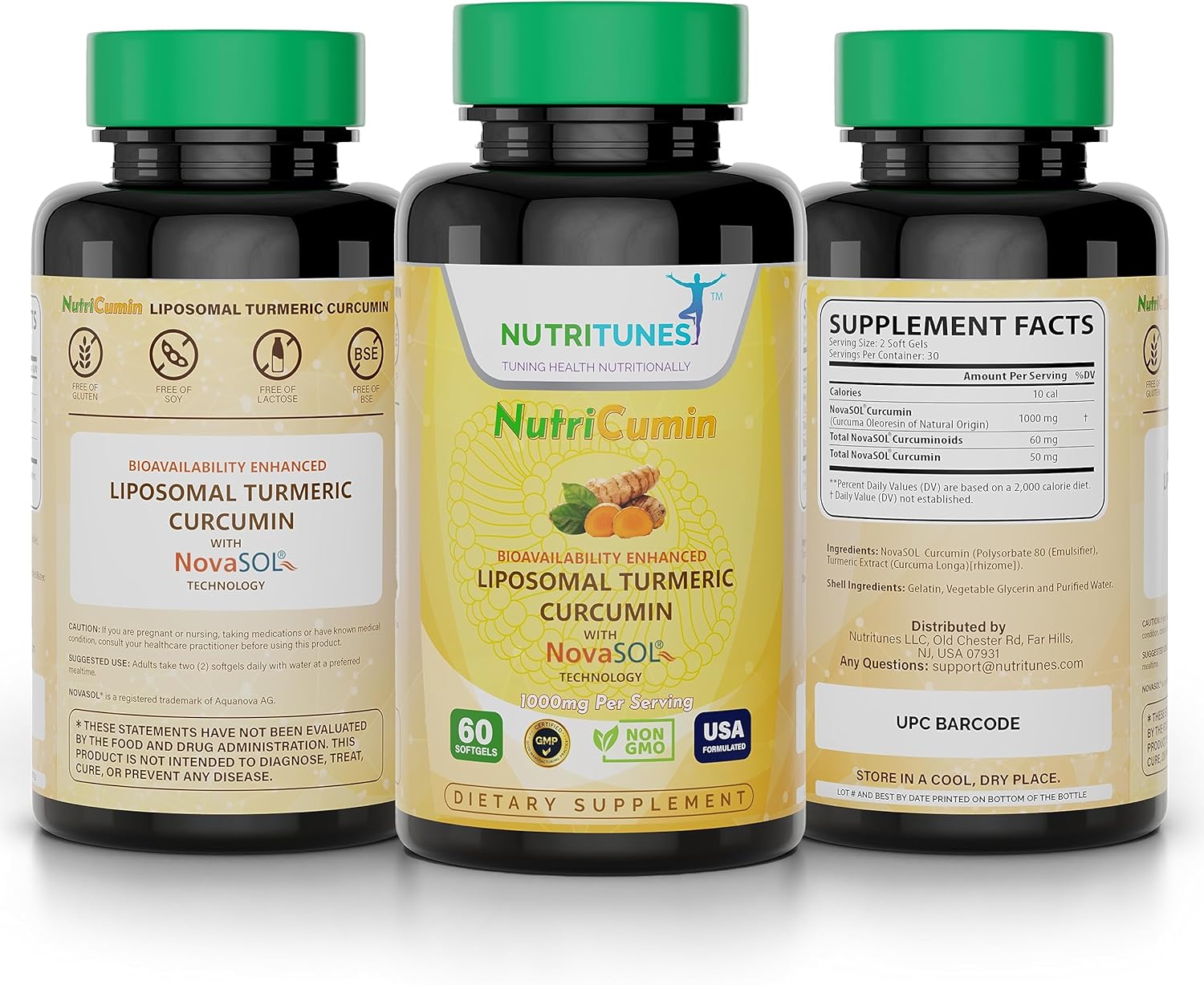 NutriCumin 1000mg Curcumina de cúrcuma liposomal con NovaSOL (60 cápsulas blandas)  para la salud de las articulaciones, sin OMG, certificado GMP y