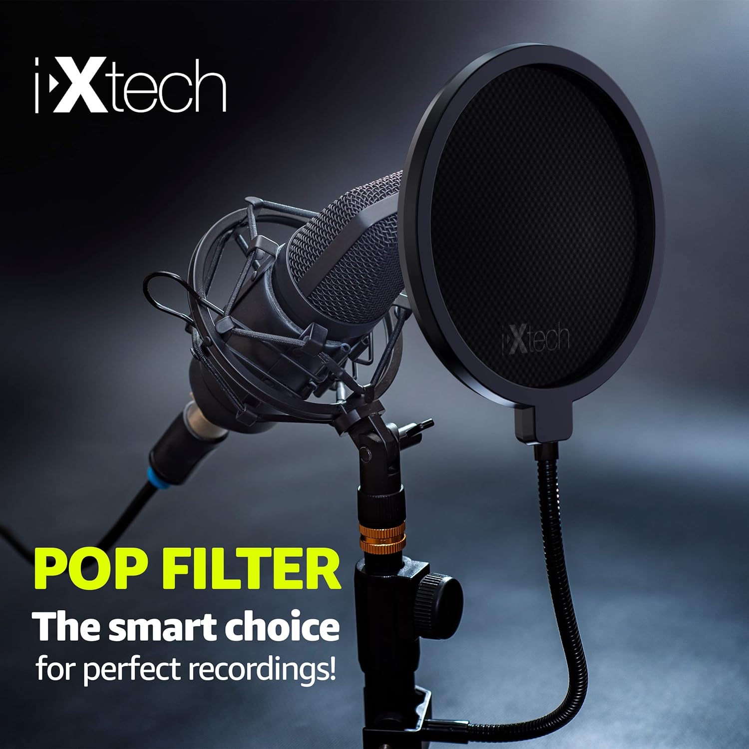 Ixtech Filtro pop para micrófono, filtro pop Blue Yeti, pantalla de doble capa con un clip flexible de cuello de cisne de 360 grados con