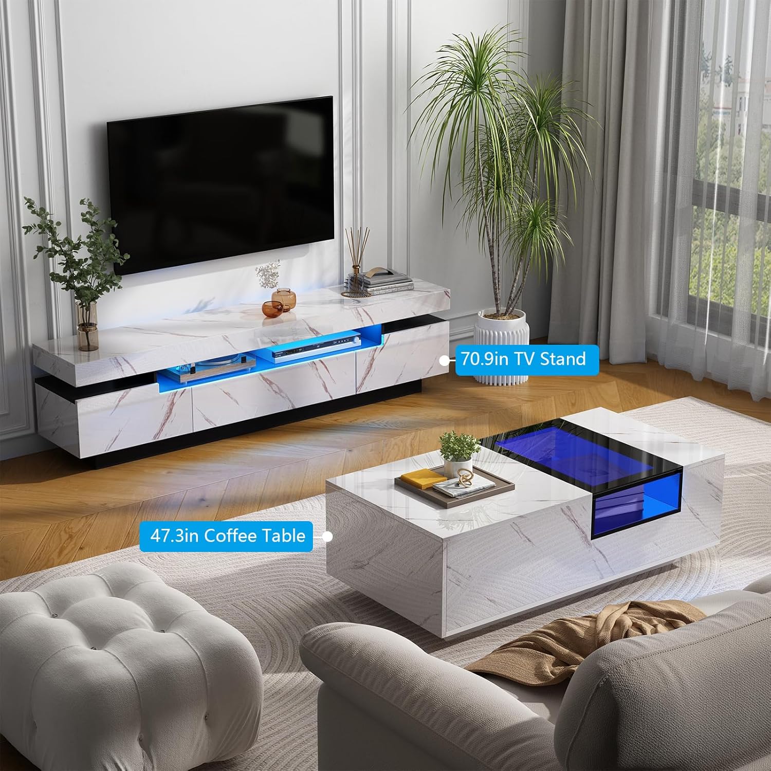 Soporte de TV blanco de 70 pulgadas para TV de 7580 pulgadas, moderno soporte de TV LED para sala de estar, centro de entretenimiento de alto brillo