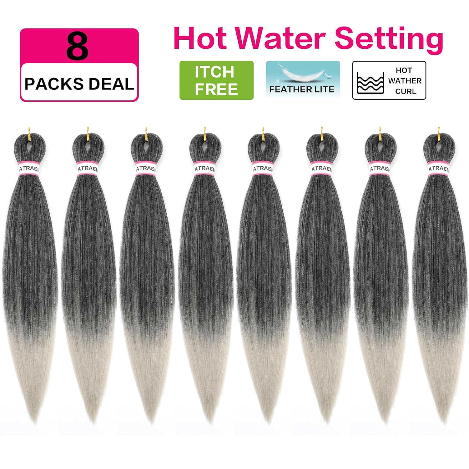 ATRAENTE Cabello trenzado preestirado de color plateado degradado, cabello trenzado de 18 pulgadas, trenzas de ganchillo preestiradas con textura