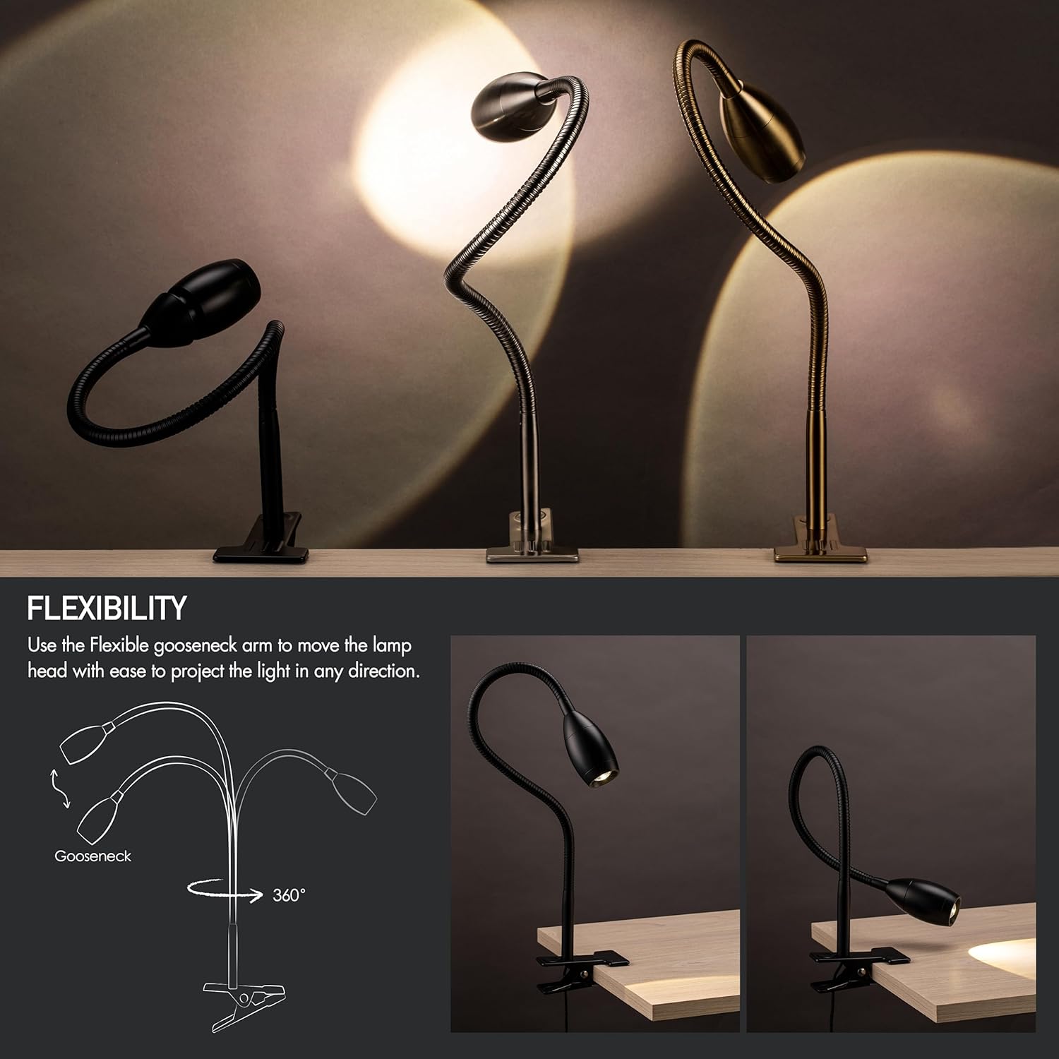 O’Bright Lumos – Lámpara versátil con clip Foco zoomable, LED regulable, cuello de cisne flexible, luz de 4000 K, abrazadera 100% metálica, ideal
