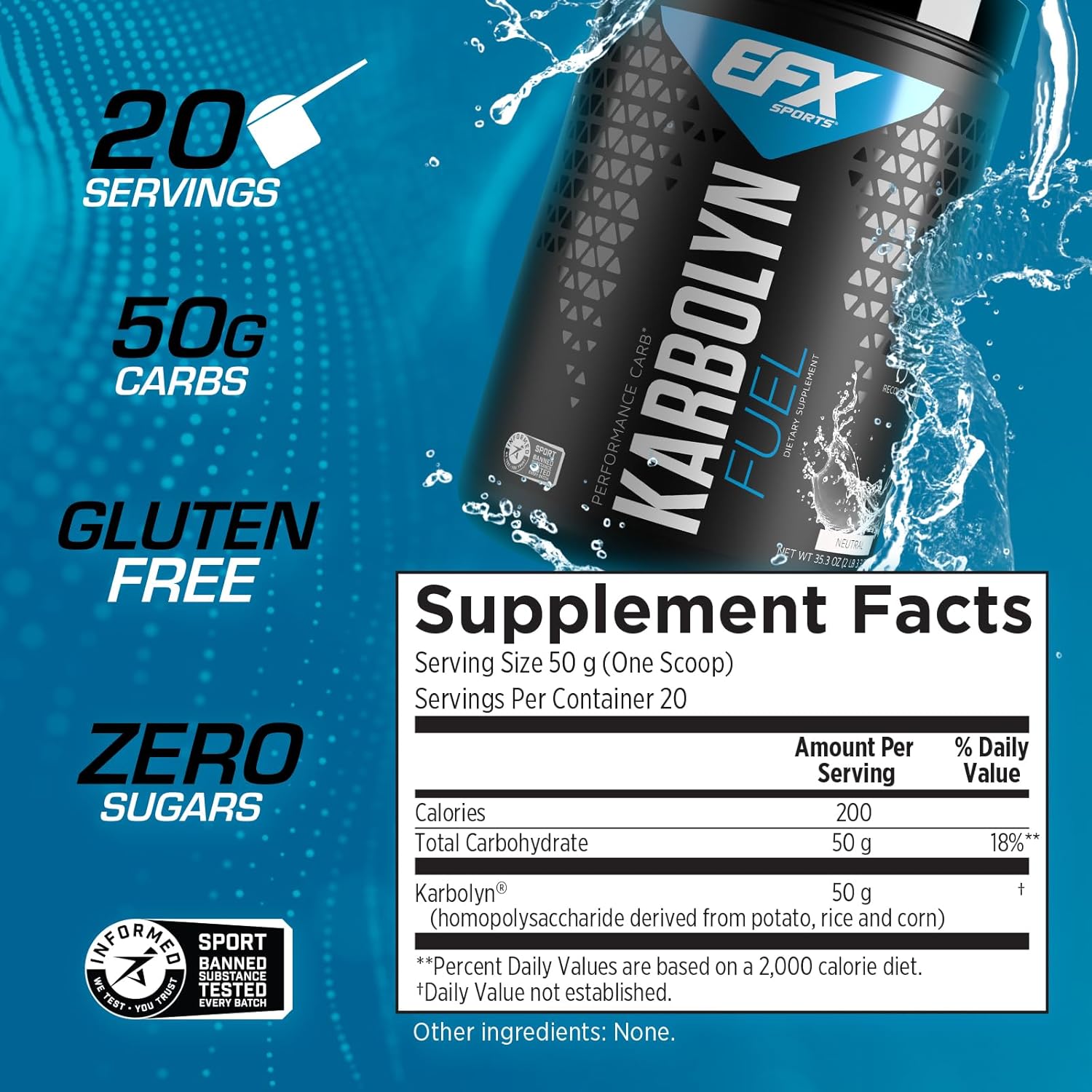 EFX Sports Karbolyn Fuel  Polvo de carbohidratos de absorción rápida  Carga de carbohidratos, energía sostenida, recuperación rápida  Sin