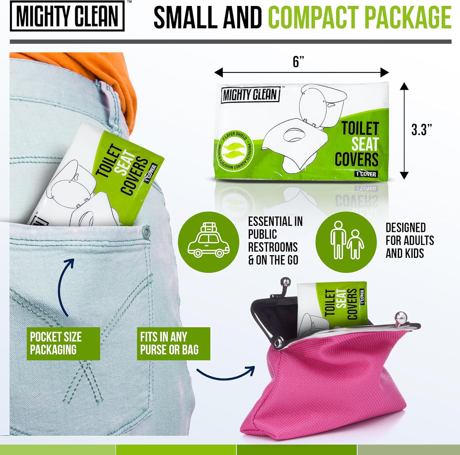 Mighty Clean – Fundas desechables para asiento de inodoro XL, 100% impermeables, envueltas individualmente, fundas extra anchas para adultos y