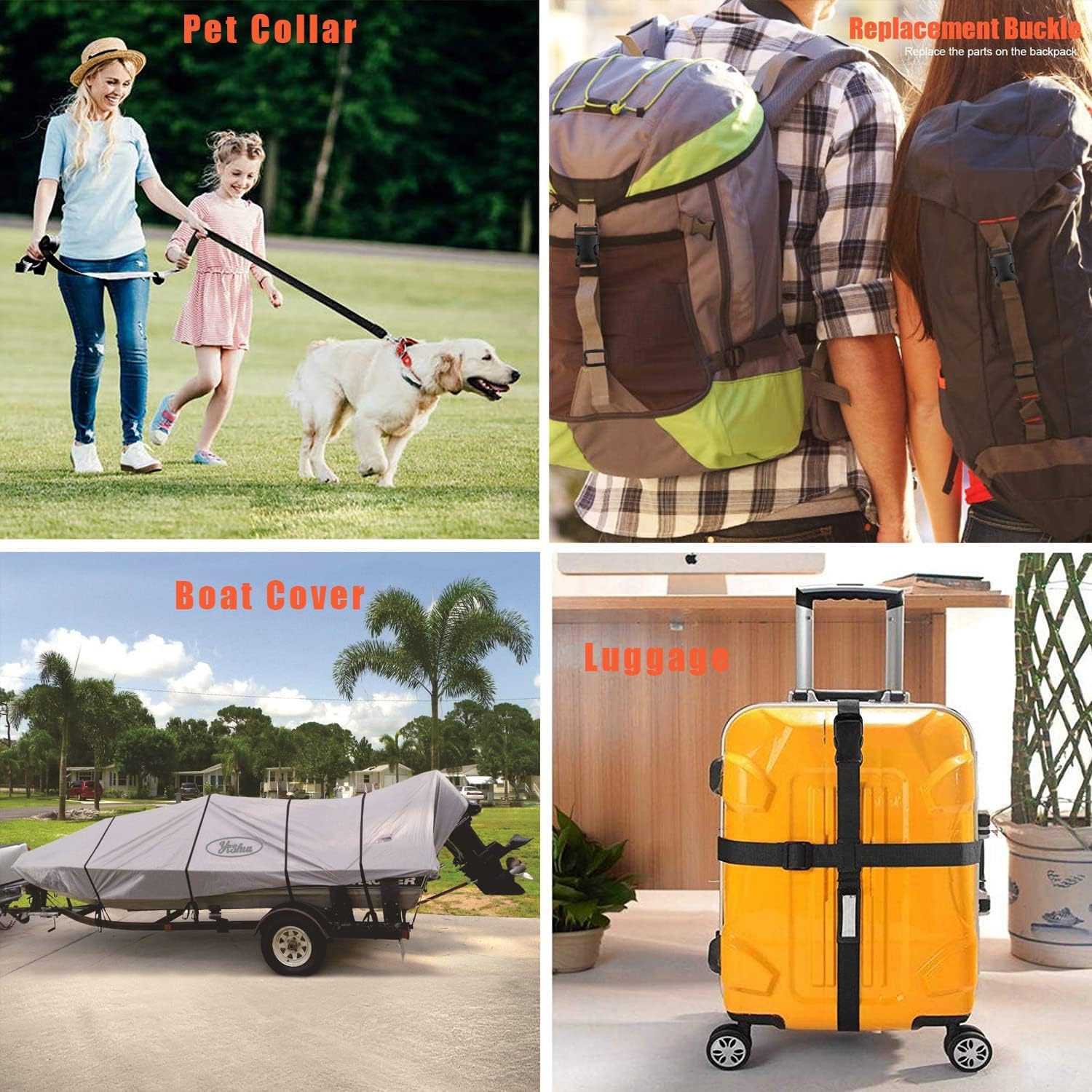 Buckles Strap 1 Inch Nylon Webbing Straps 10 Yards, Quick Side Release Plastic Buckle Dual Adjustable 8 Pack, Tri-Glide Slide Clip 16 PCS, Metal D