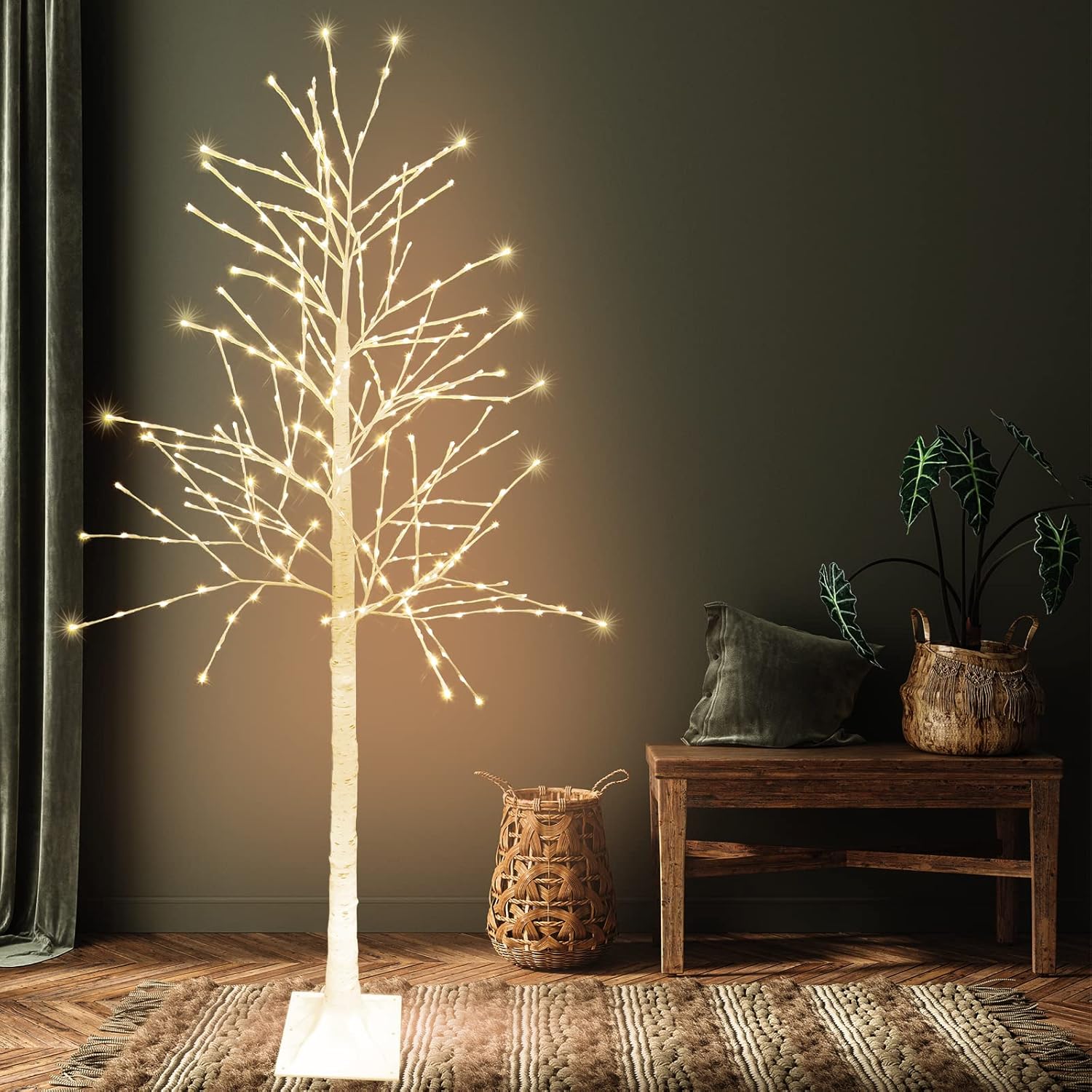 GLOWNOVA Árbol de abedul iluminado blanco cálido de 7 pies 304 LED para el hogar, boda, festival, fiesta, decoración de Navidad