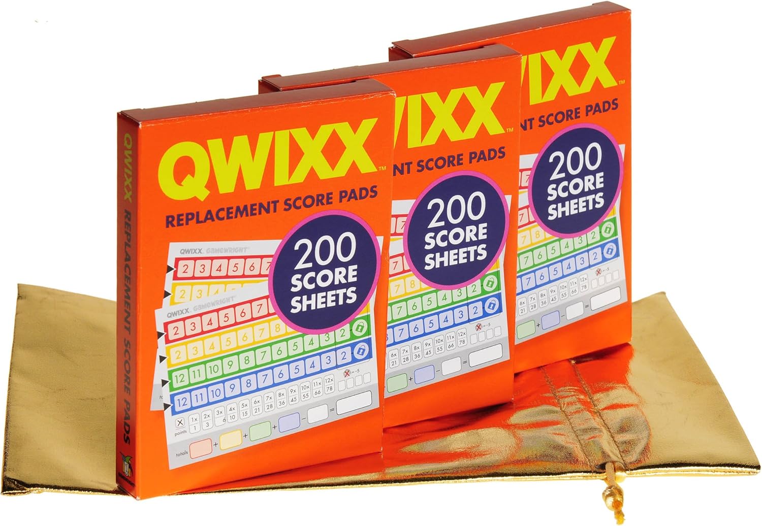 QWIXX 3 paquetes de almohadillas de puntuación de repuesto, 600 hojas de puntaje, bolsa de cordón de tela metálica dorada adicional, artículos
