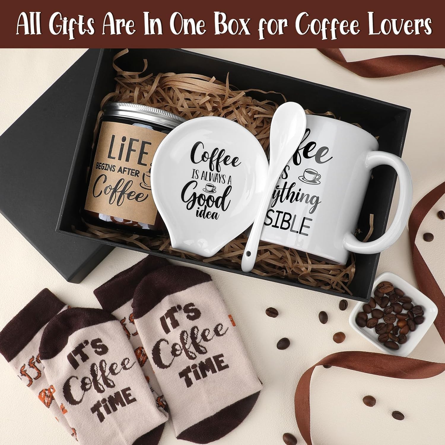 Juego de regalo de 5 piezas para amantes del café, incluye taza de café y soporte para cuchara, velas temáticas de café, calcetines de café, caja de