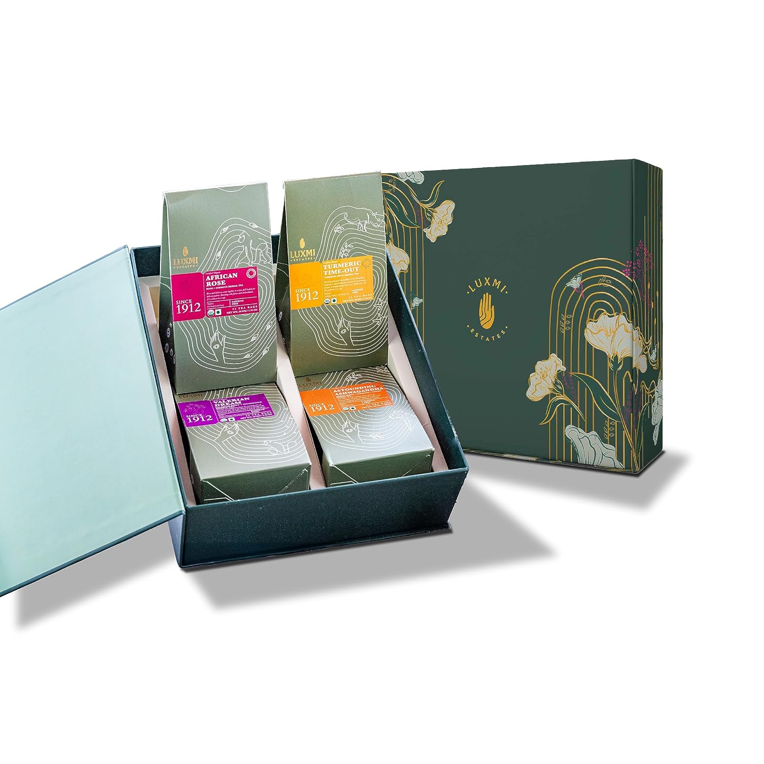 Luxmi Estates – Juego de regalo de té de hierbas orgánico surtido  4 tés de hierbas, 100 bolsitas de té  Caja de regalo de bienestar durante todo el