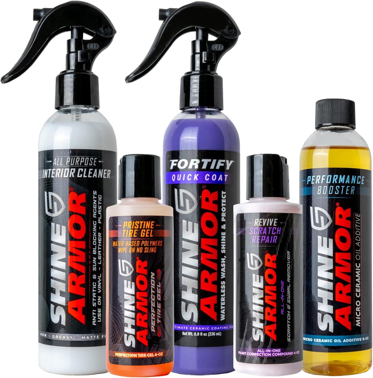 SHINE ARMOR El paquete grande viene con Fortify Quick Coat, Revive Scratch Repair, limpiador de interiores, gel de neumáticos y aditivo de